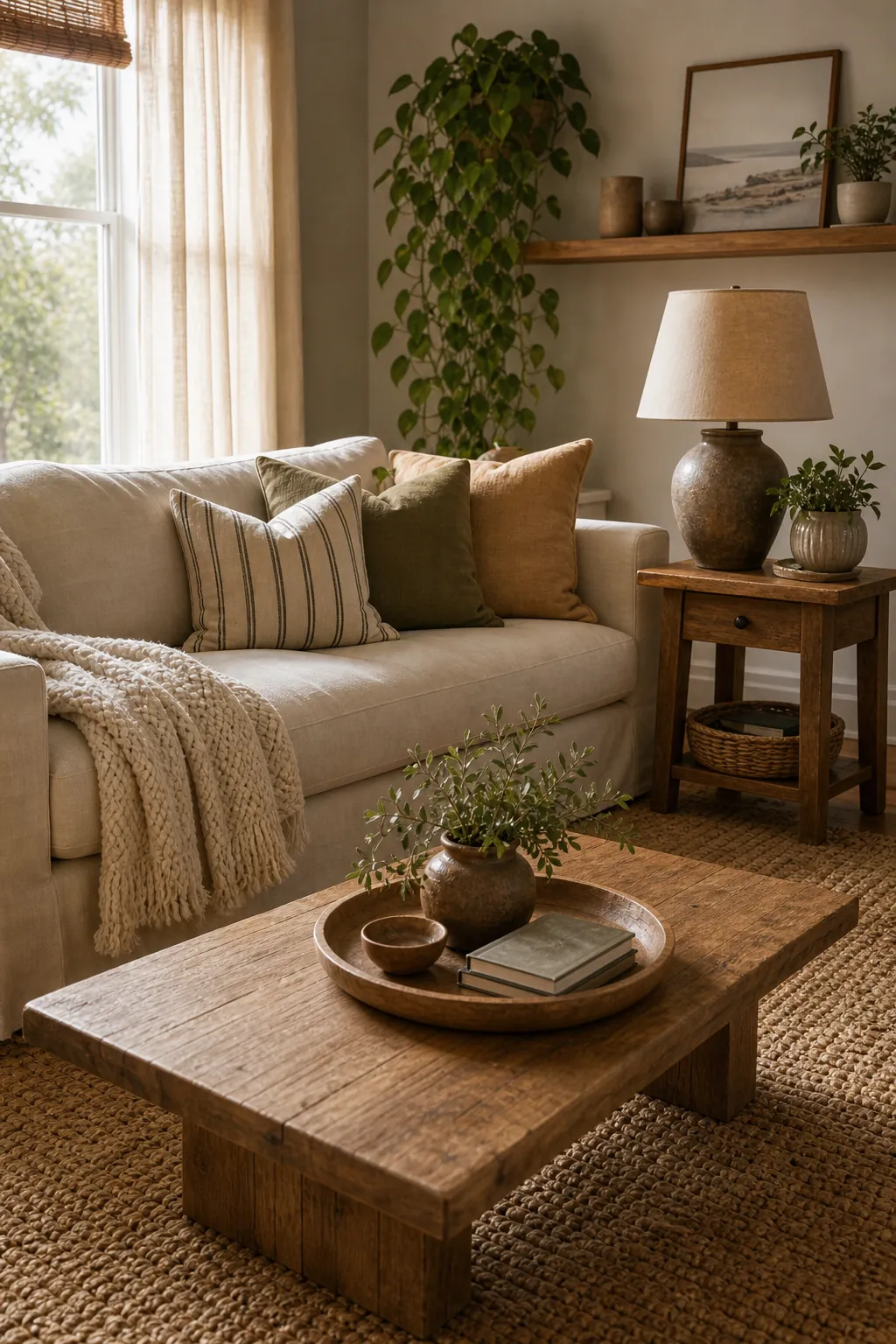 Side table, couch, coffee table, and rug styled as one connected cozy living room zone