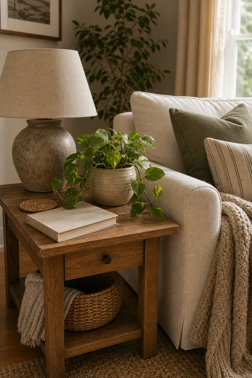 Small plant decor on a side table next to a couch with a lamp and neutral textiles
