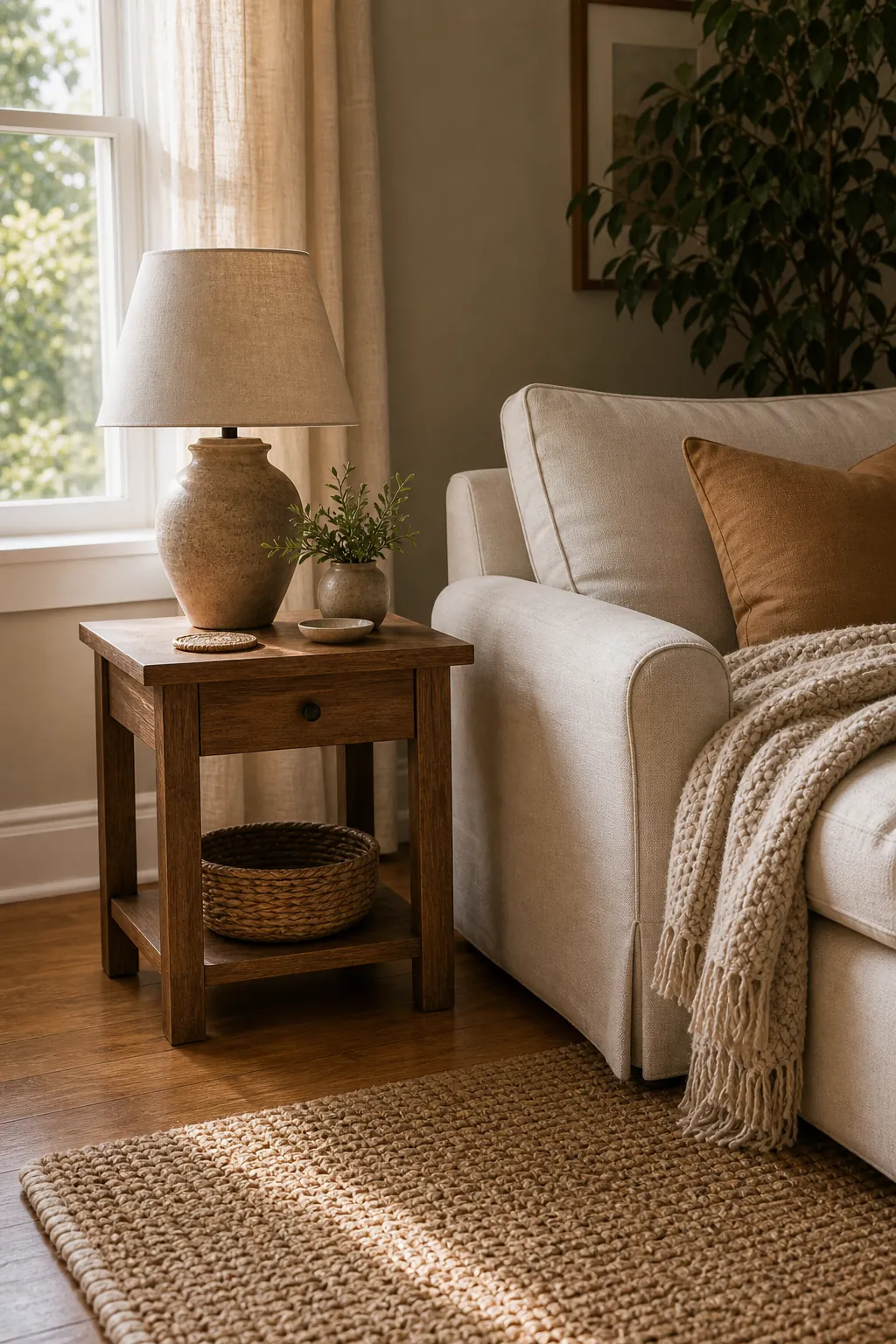 Simple side table arrangement beside a couch with open floor space and uncluttered decor