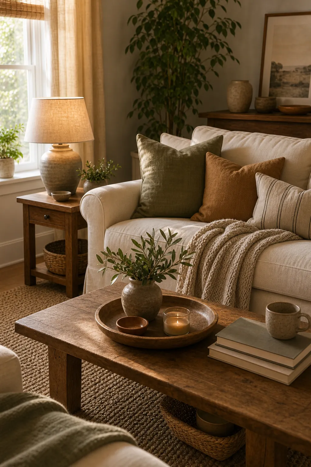 Warm cozy living room with cream sofa, wood coffee table, plants, textured rug, and soft lighting