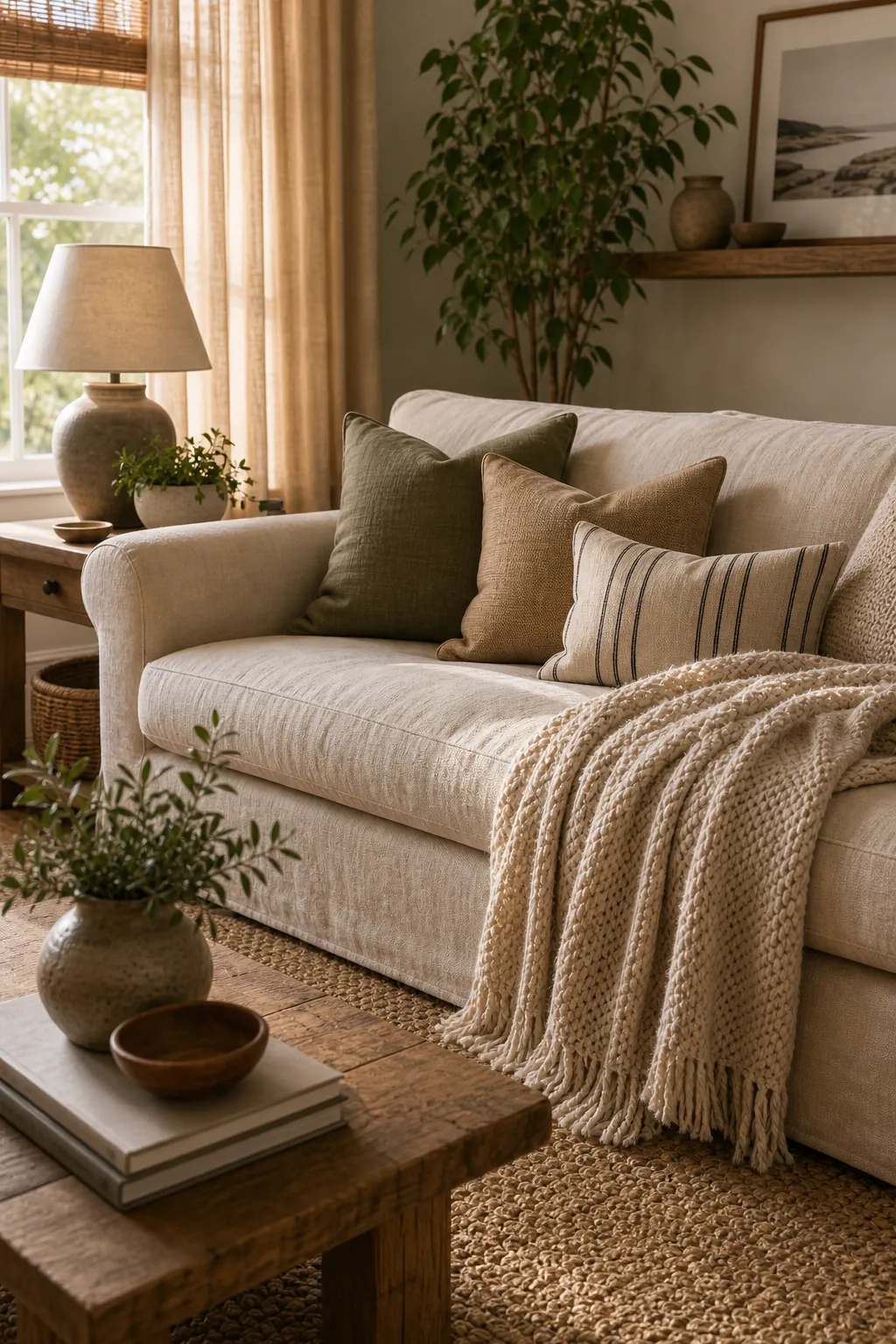 Warm living room with layered pillows, textured rug, curtains, and a cozy throw