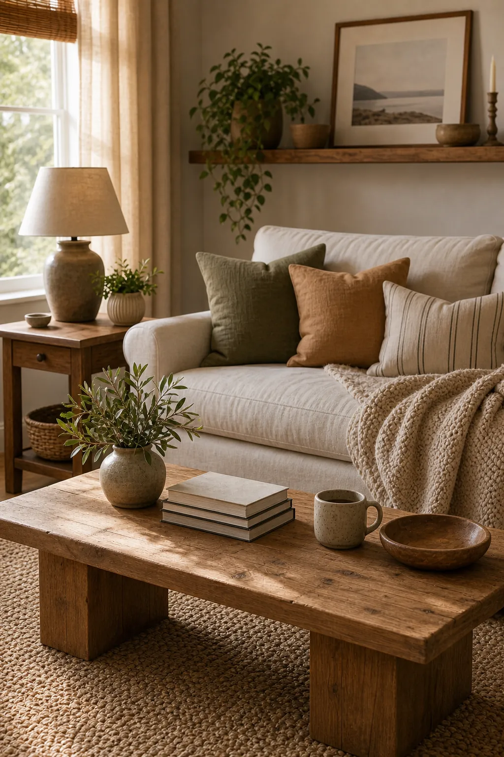 Natural wood coffee table and warm wood accents in a cozy neutral living room