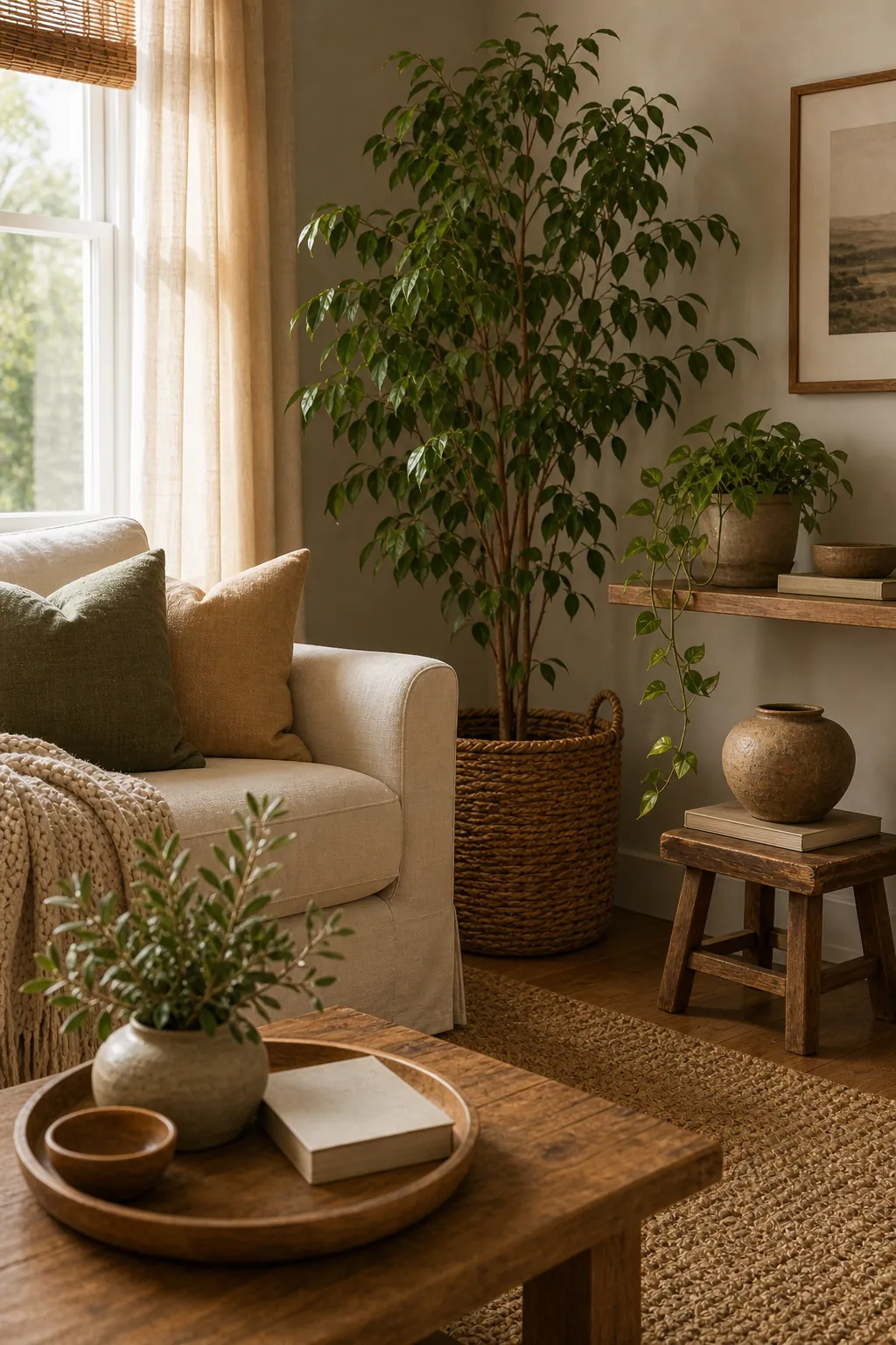 Living room plant corner with woven basket, muted greenery, warm wood, and neutral decor