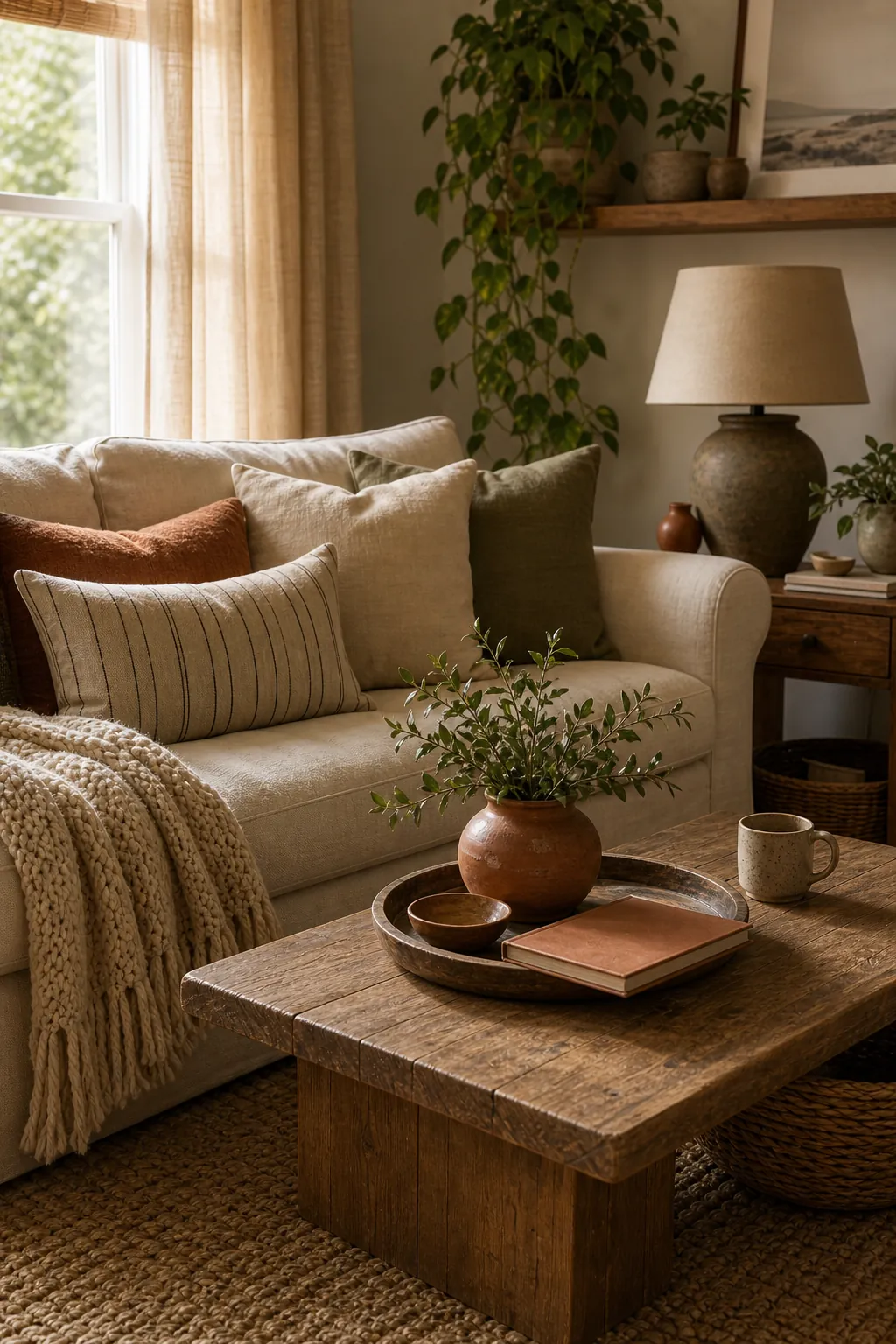 Neutral living room warmed with clay accents, plants, textured pillows, and natural wood