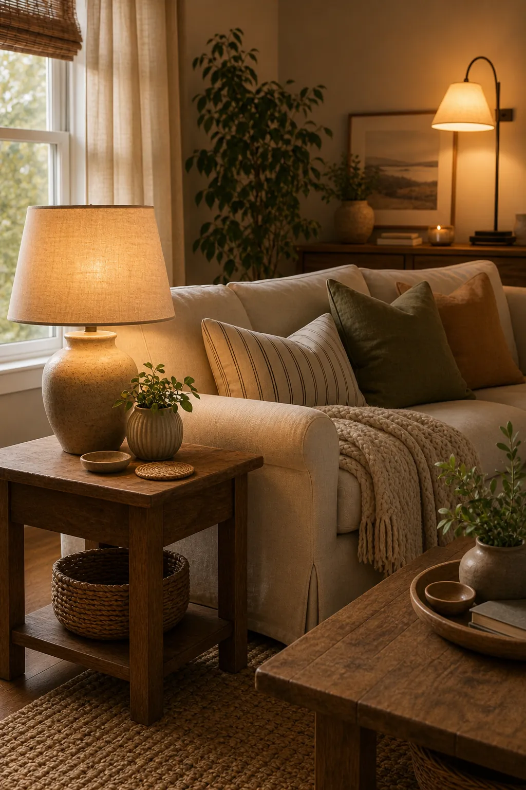 Cozy living room corner with layered warm lamp light and soft neutral sofa styling