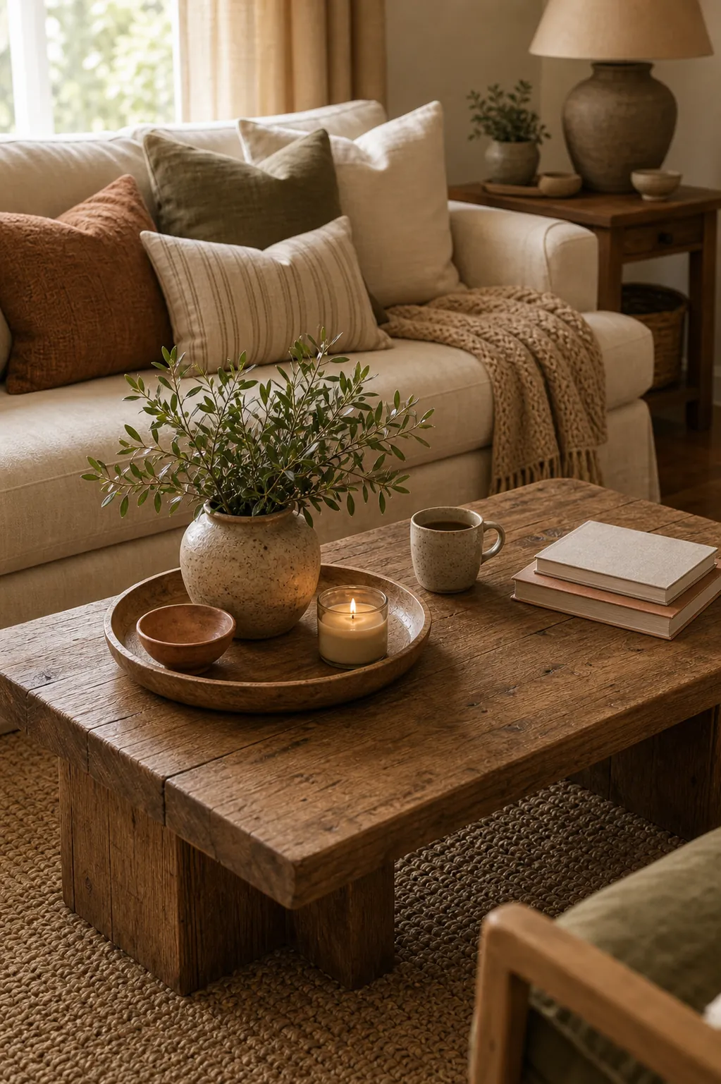 Warm coffee table decor with tray, ceramic vase, mug, candle, plant stems, and cozy sofa