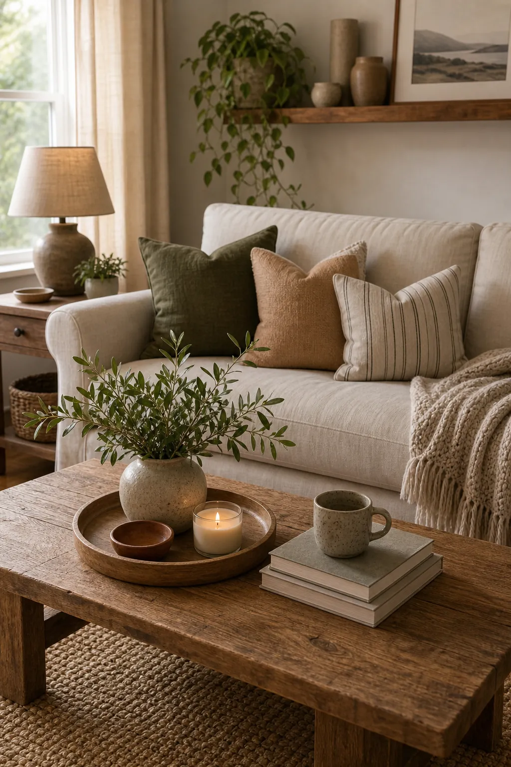 Refreshed coffee table styling with tray, vase, greenery, mug, candle, and neutral sofa behind
