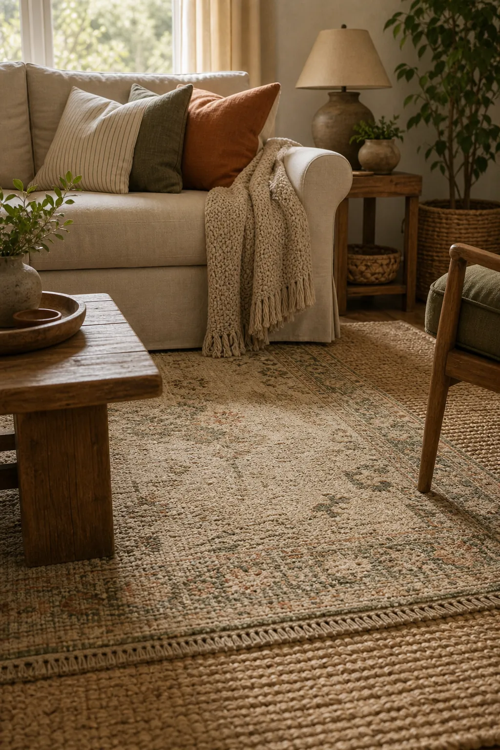 Layered textured rug tying an existing neutral sofa, coffee table, and cozy living room together