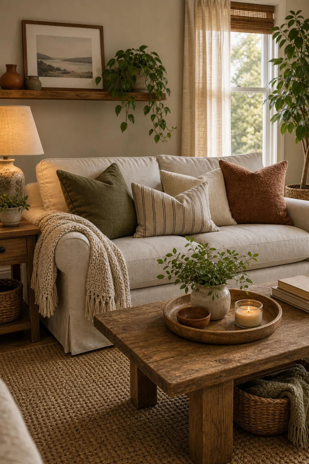 Existing neutral sofa refreshed with pillows, throw, coffee table decor, plants, rug, and soft lighting