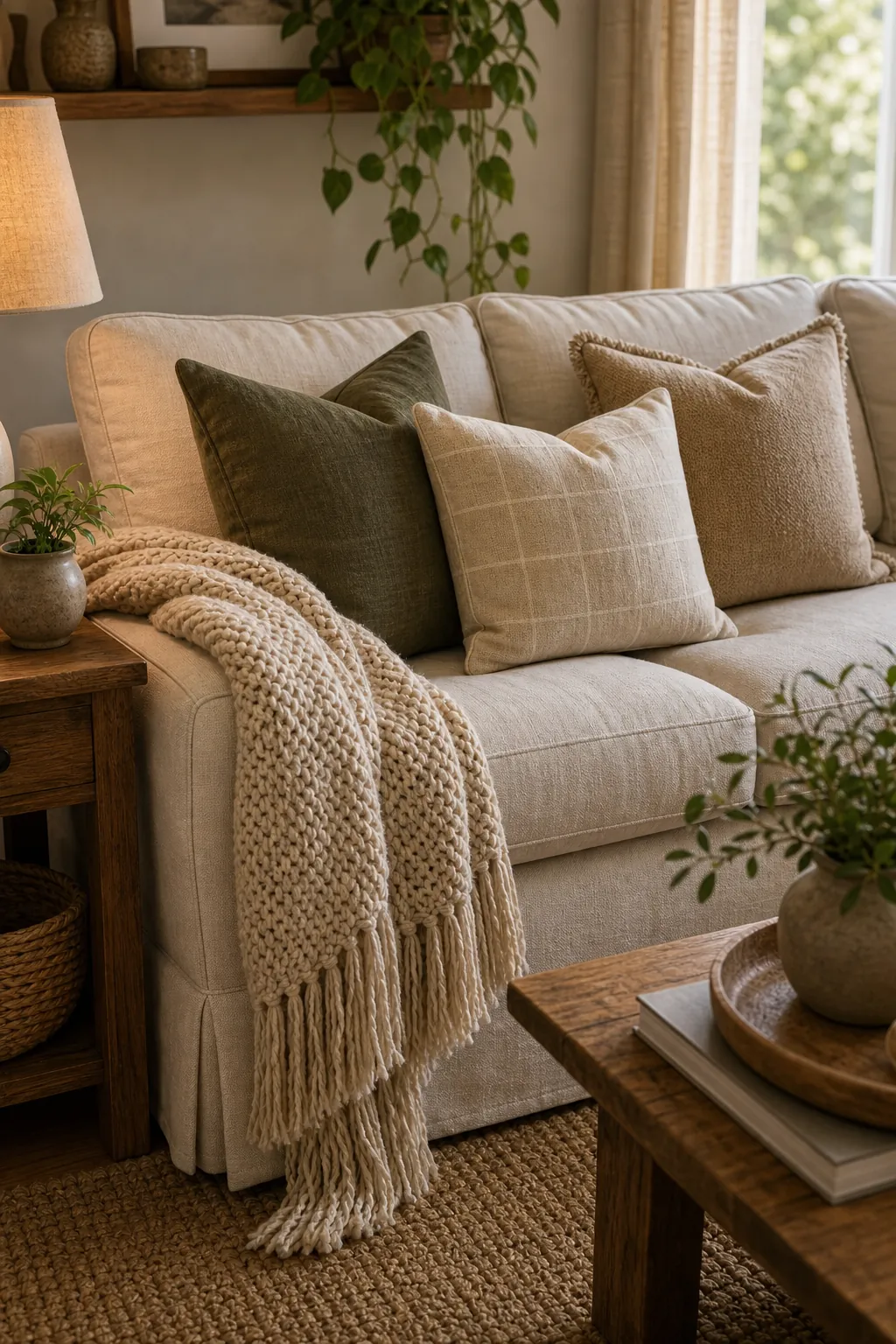 Existing sofa refreshed with layered pillows, muted green accent, and a relaxed textured throw