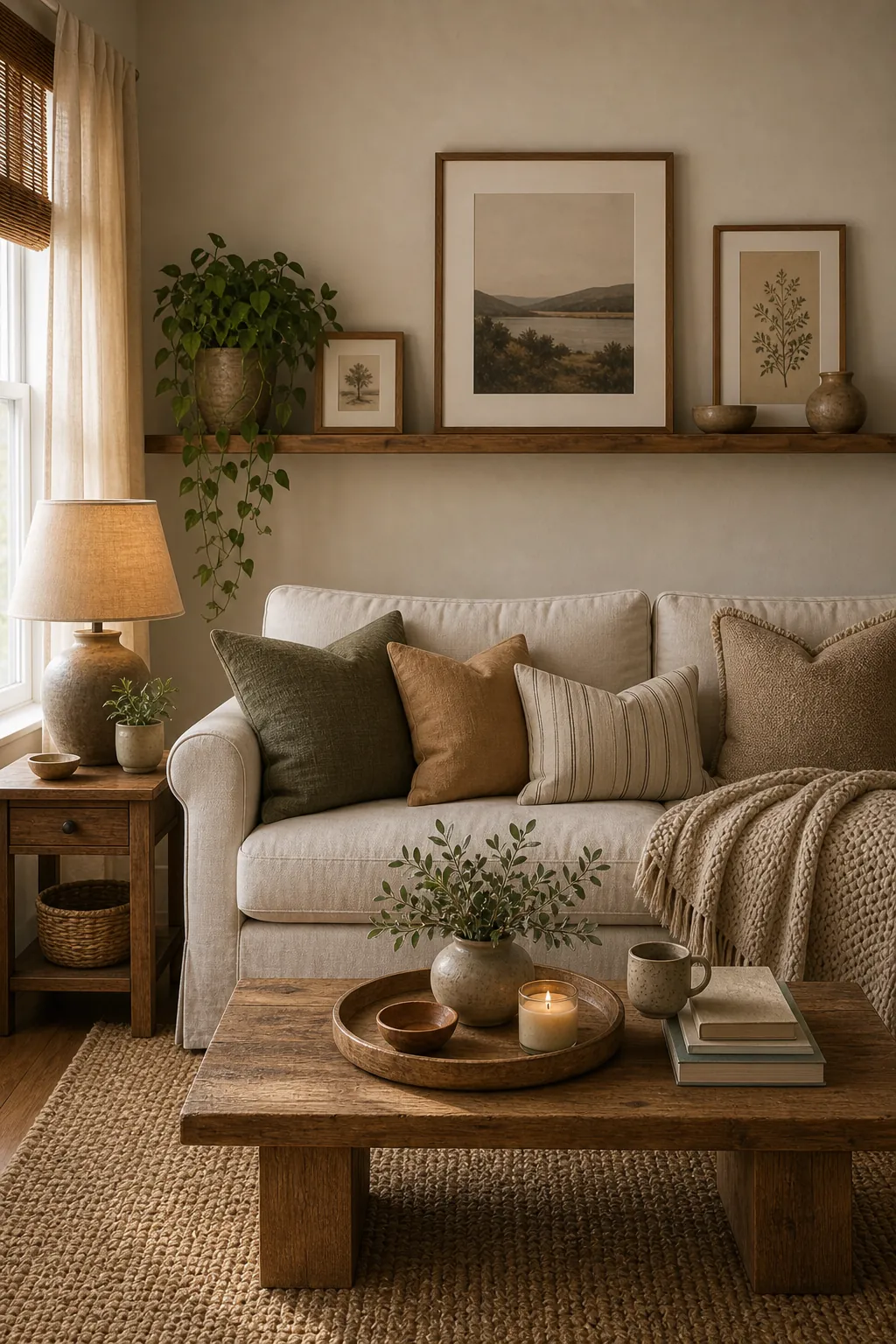 Simple wall art and picture ledge refreshing the wall behind a neutral sofa