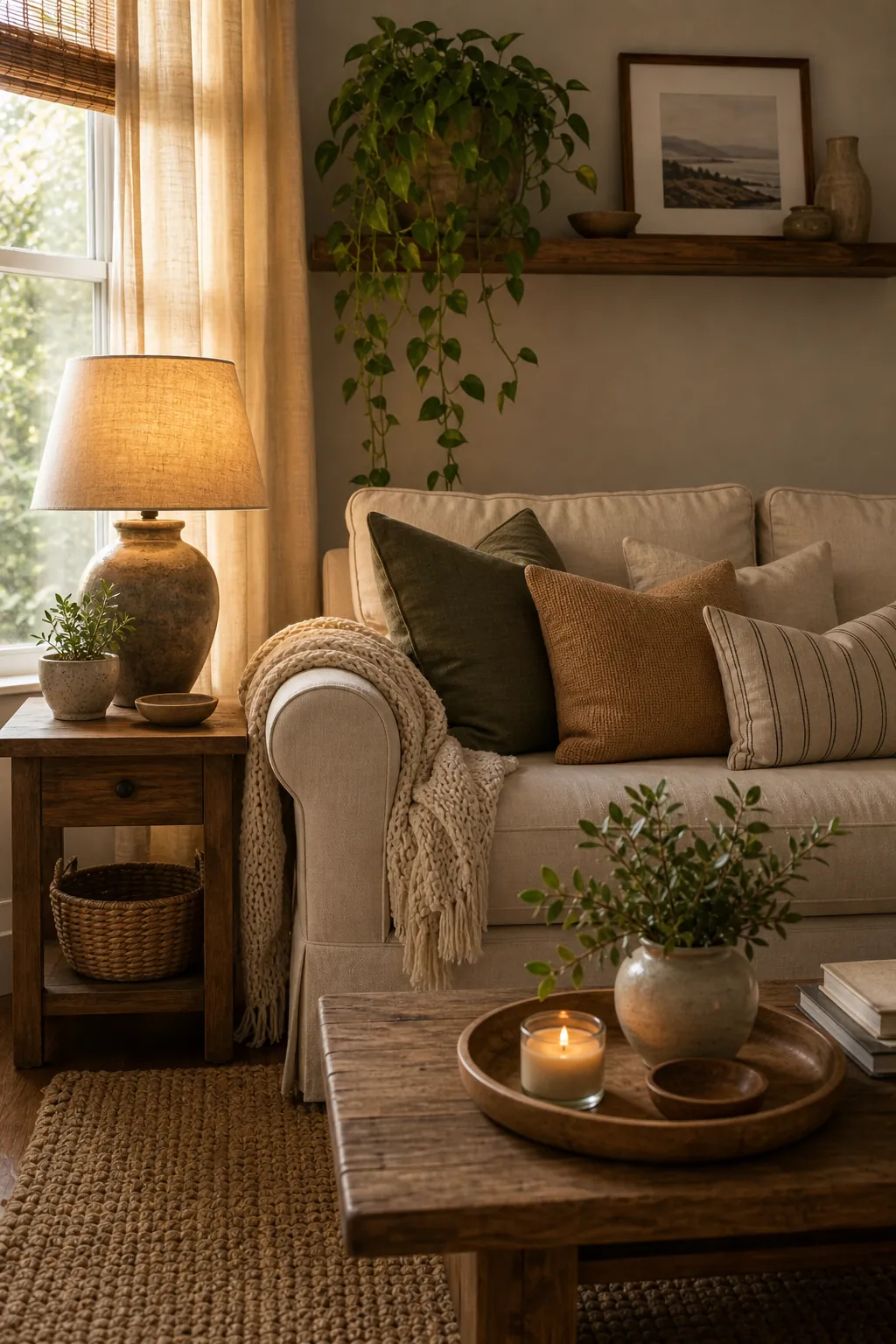 Existing sofa corner refreshed with warm side table lighting, curtains, plant, and neutral textiles