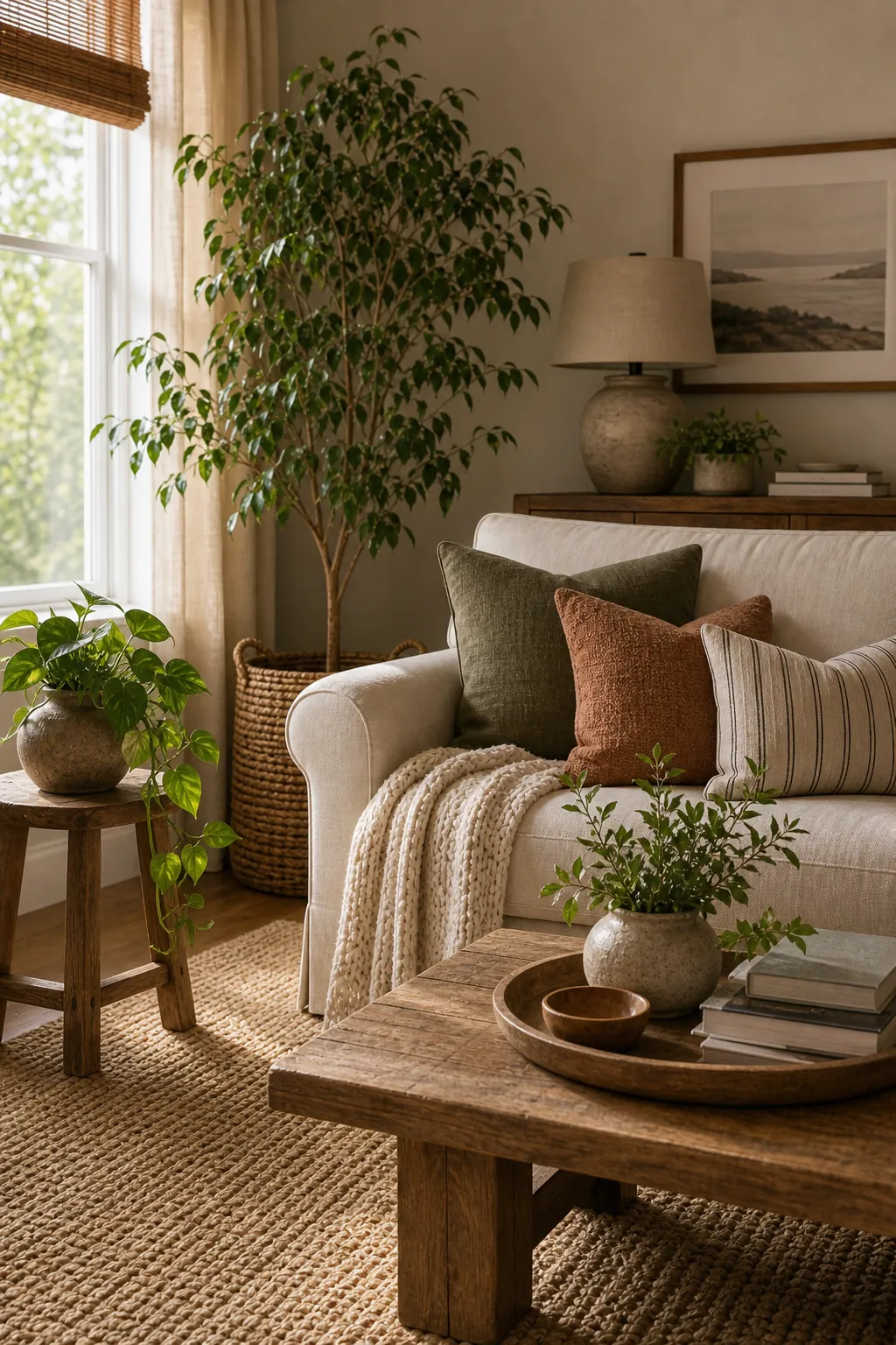 Neutral sofa refreshed with tall plant in a woven basket, smaller plant, warm pillows, and natural textures