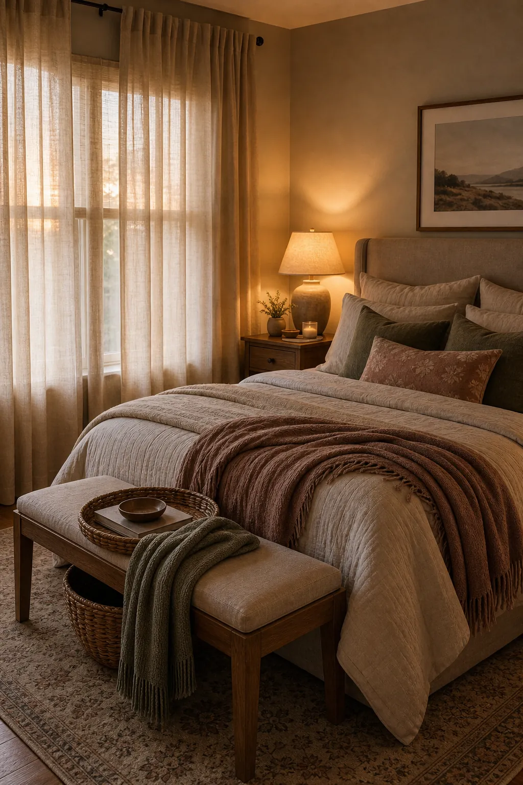 Couple bedroom with floor-length curtains, bedside lamps, layered bedding, and soft filtered light