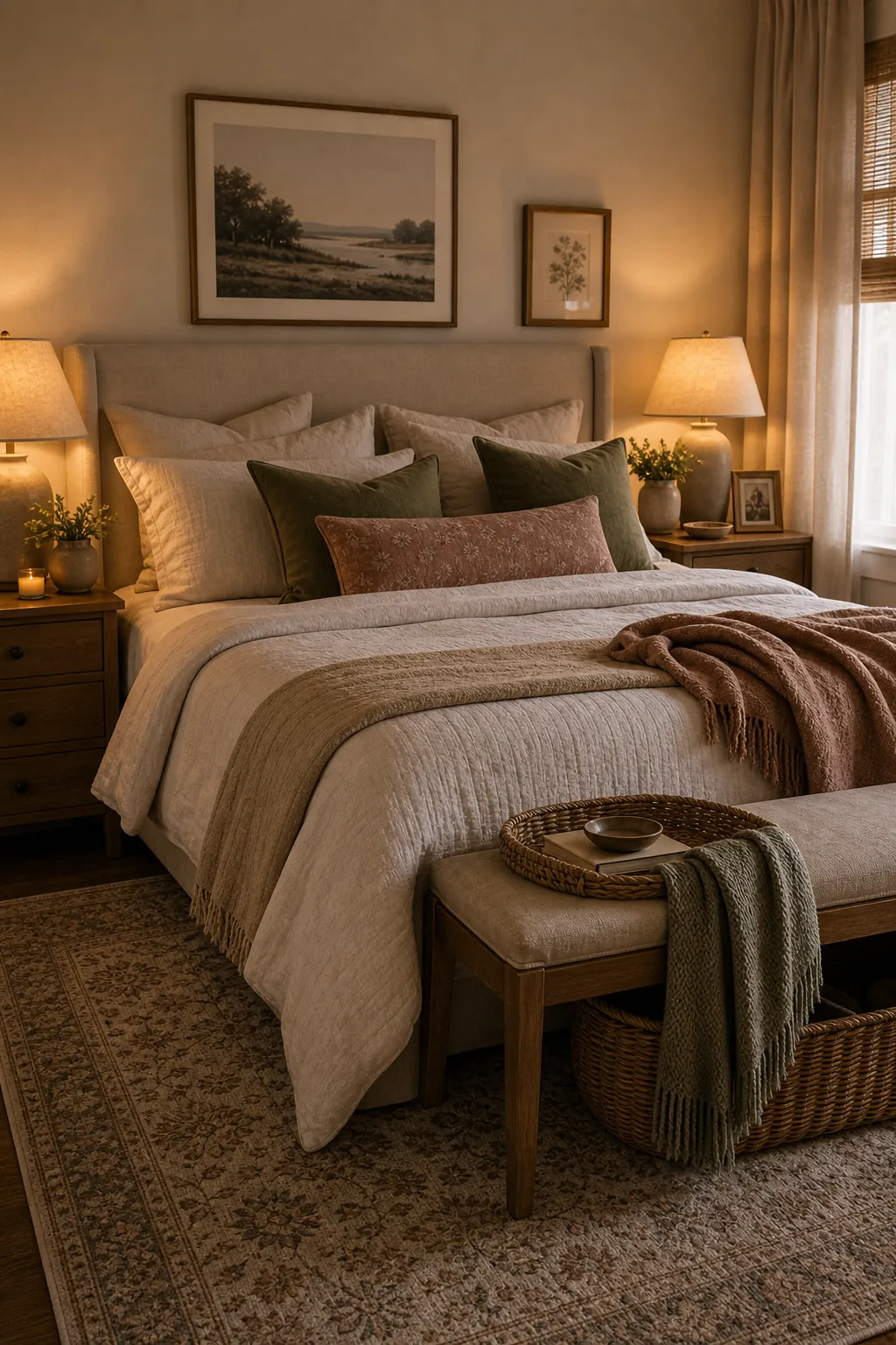 Cozy couple bedroom with layered bedding, warm lamps, balanced nightstands, curtains, and soft romantic lighting