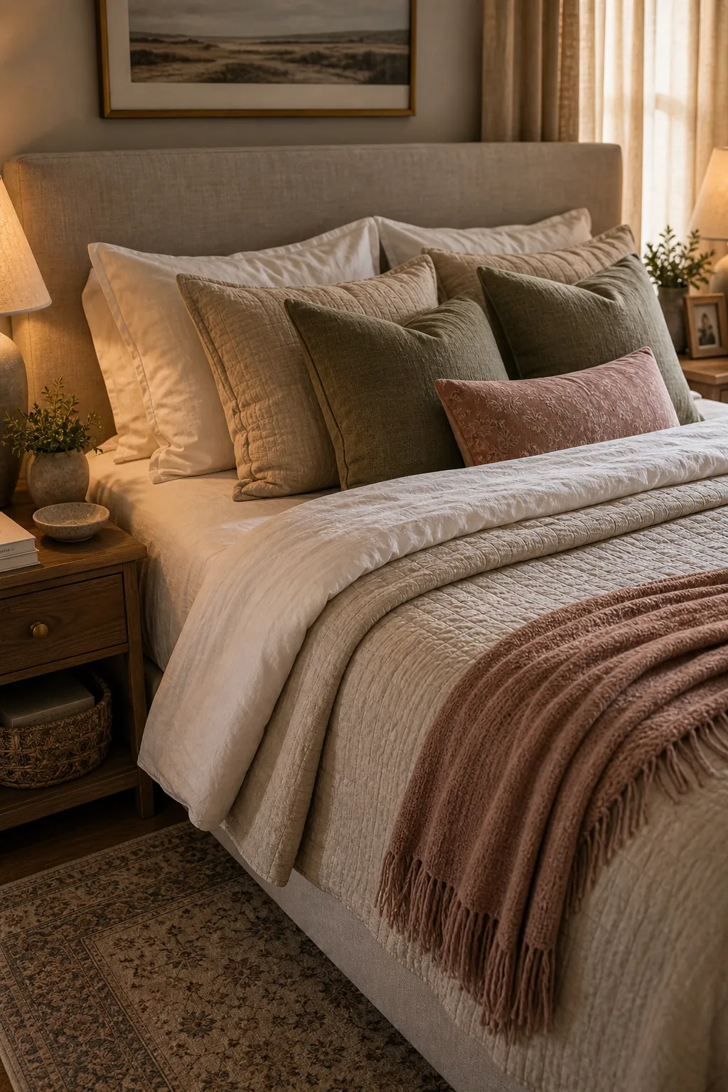 Cozy couple bedroom with layered bedding, relaxed pillows, warm lamp light, and soft textiles
