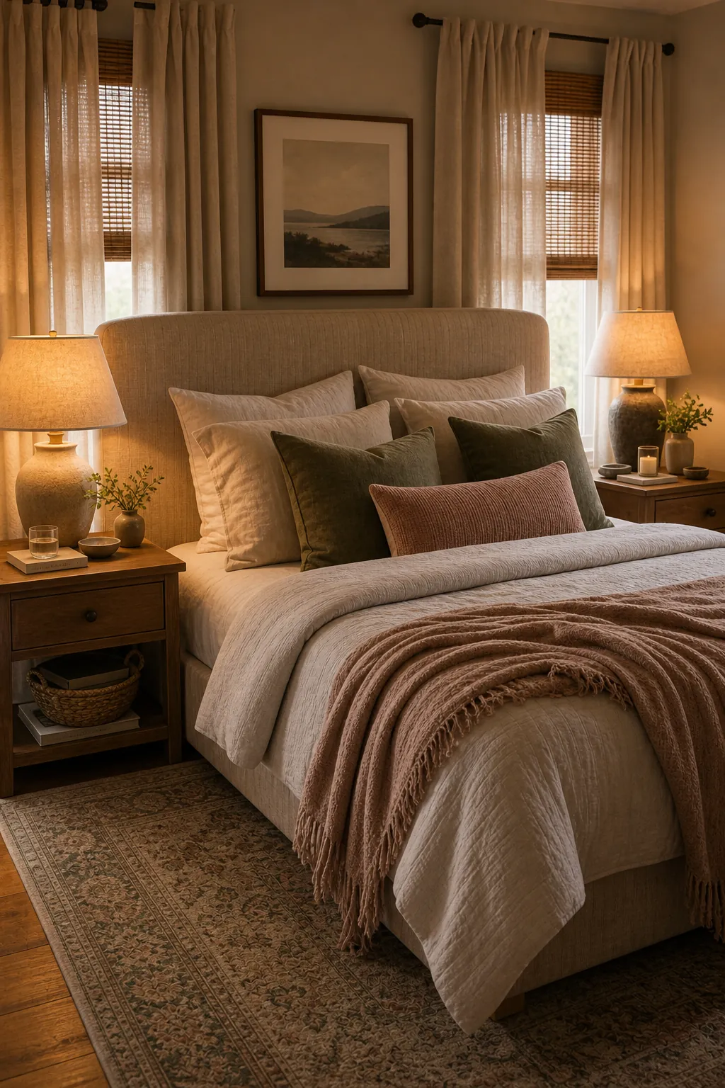 Shared couple bedroom with balanced nightstand lamps and practical bedside decor