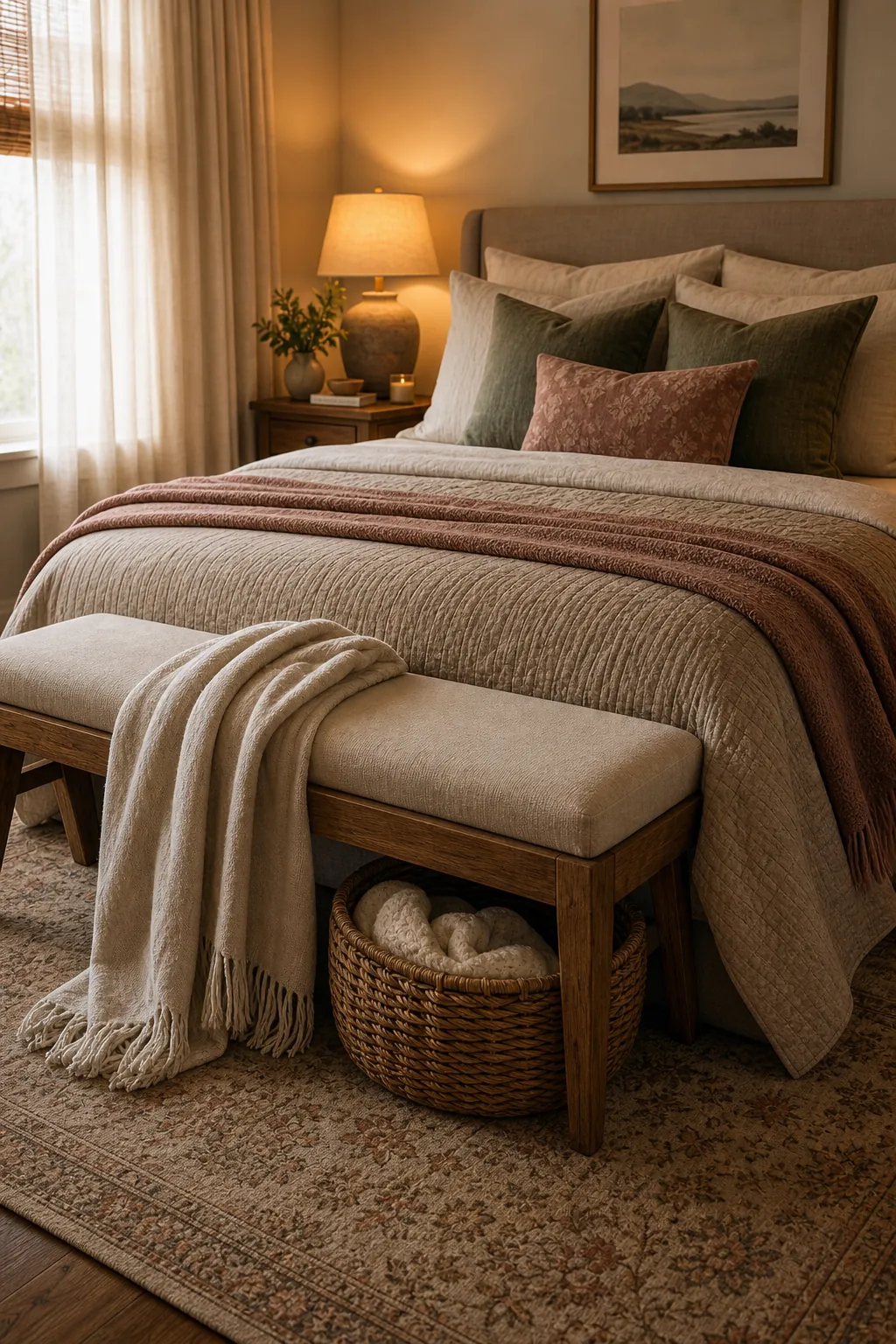 Foot-of-bed bench with woven basket, folded blanket, layered bedding, and warm lamps