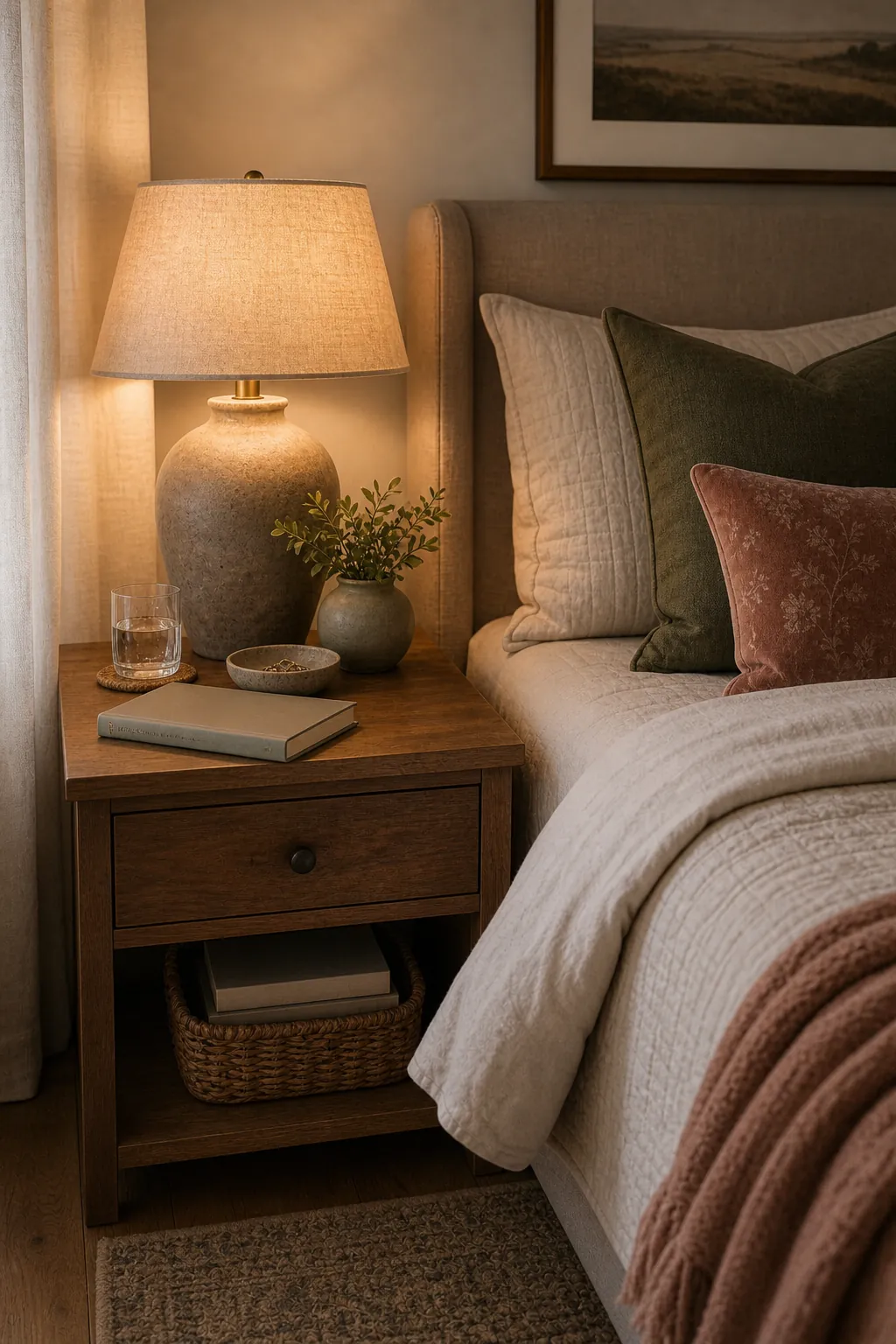 Practical nightstand decor with lamp, dish, water glass, book, plant, and layered bed edge