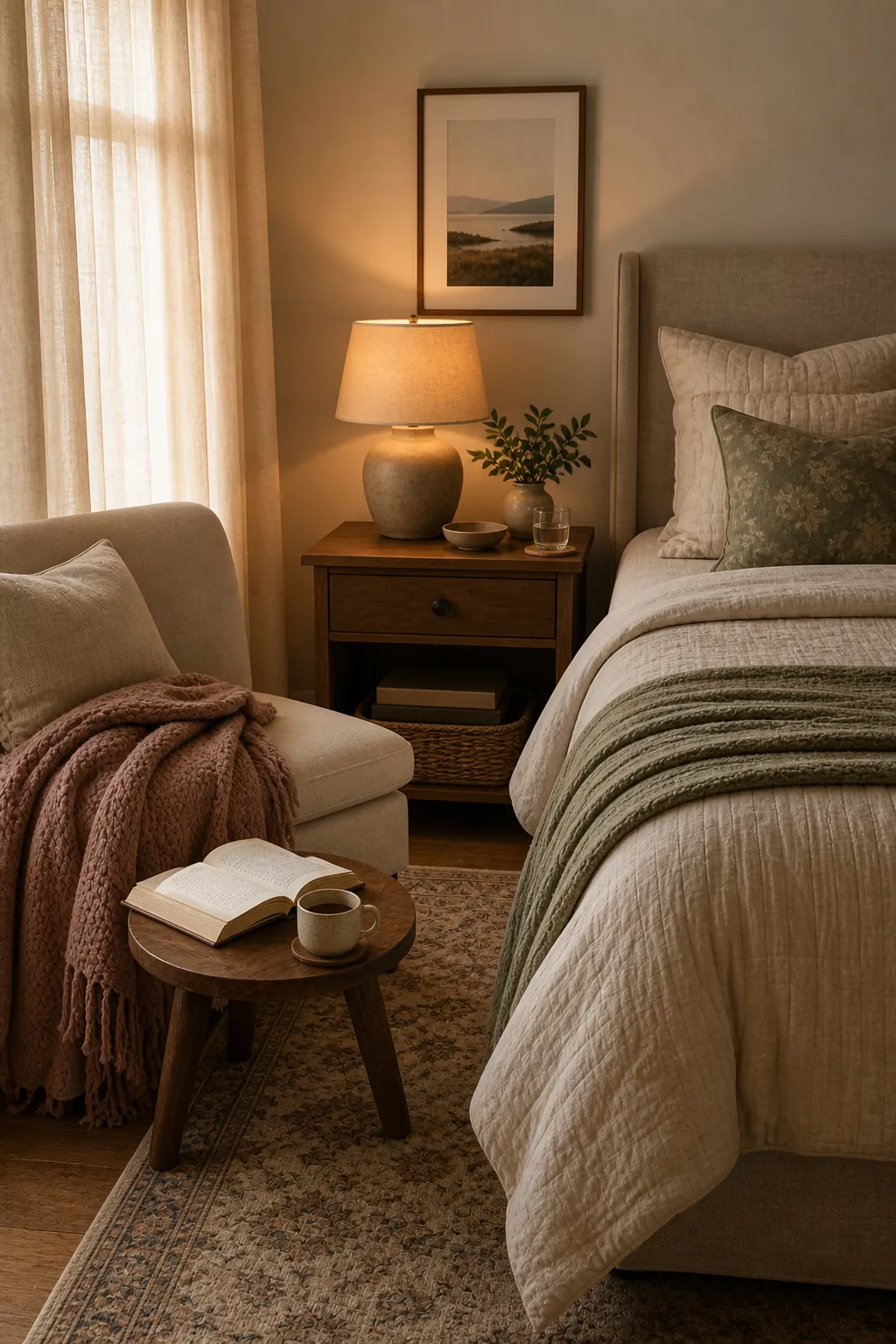 Small reading corner in a cozy couple bedroom with warm lamp, chair, throw, and bed edge