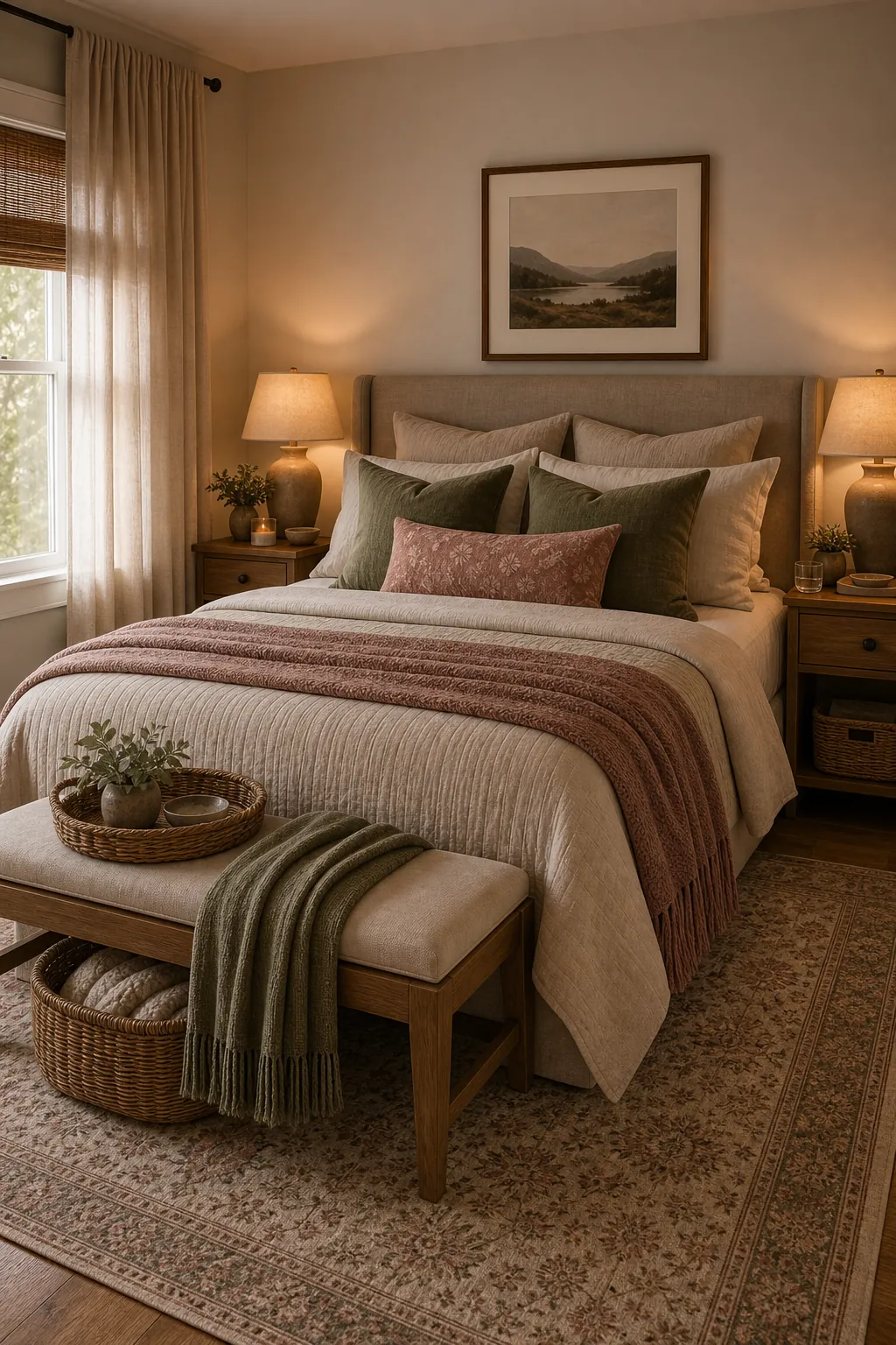 Romantic but practical couple bedroom with layered bedding, warm lamps, nightstand storage, bench, and soft curtains