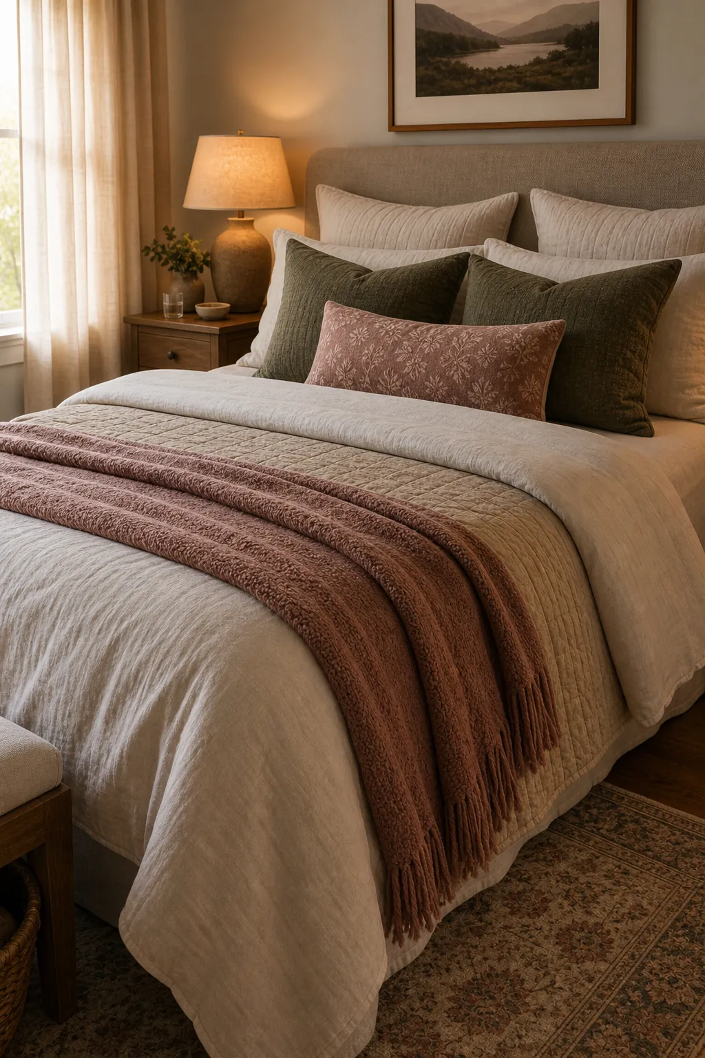 Romantic but practical layered bedding with neutral sheets, quilt, pillows, and warm bedside light
