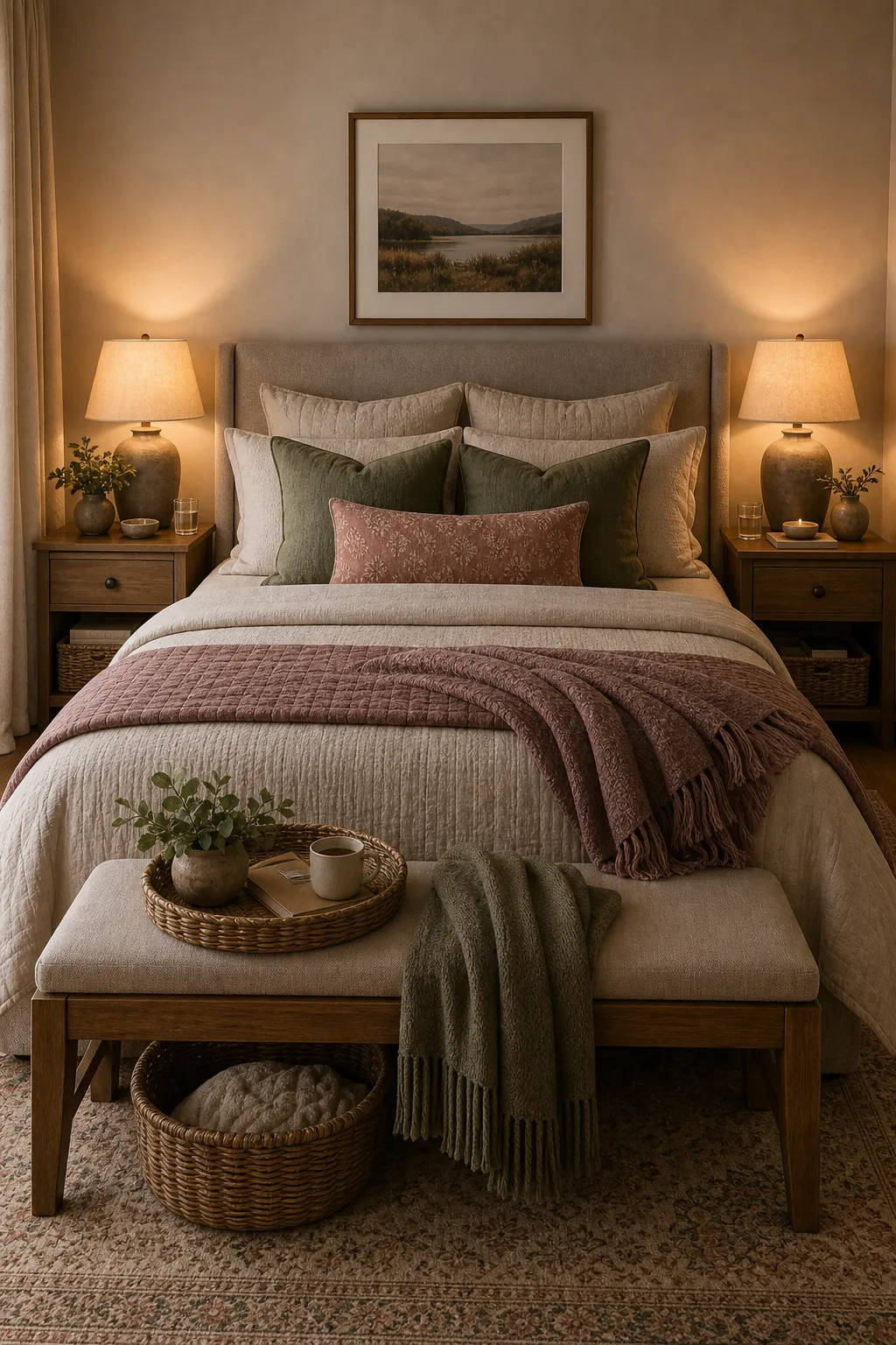 Shared bedroom with practical nightstand storage, warm lamps, layered bedding, and calm decor