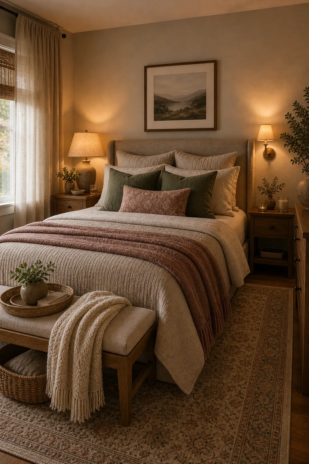 Couple bedroom with layered soft lighting zones, bedside lamp, sconce, curtains, and neutral bedding