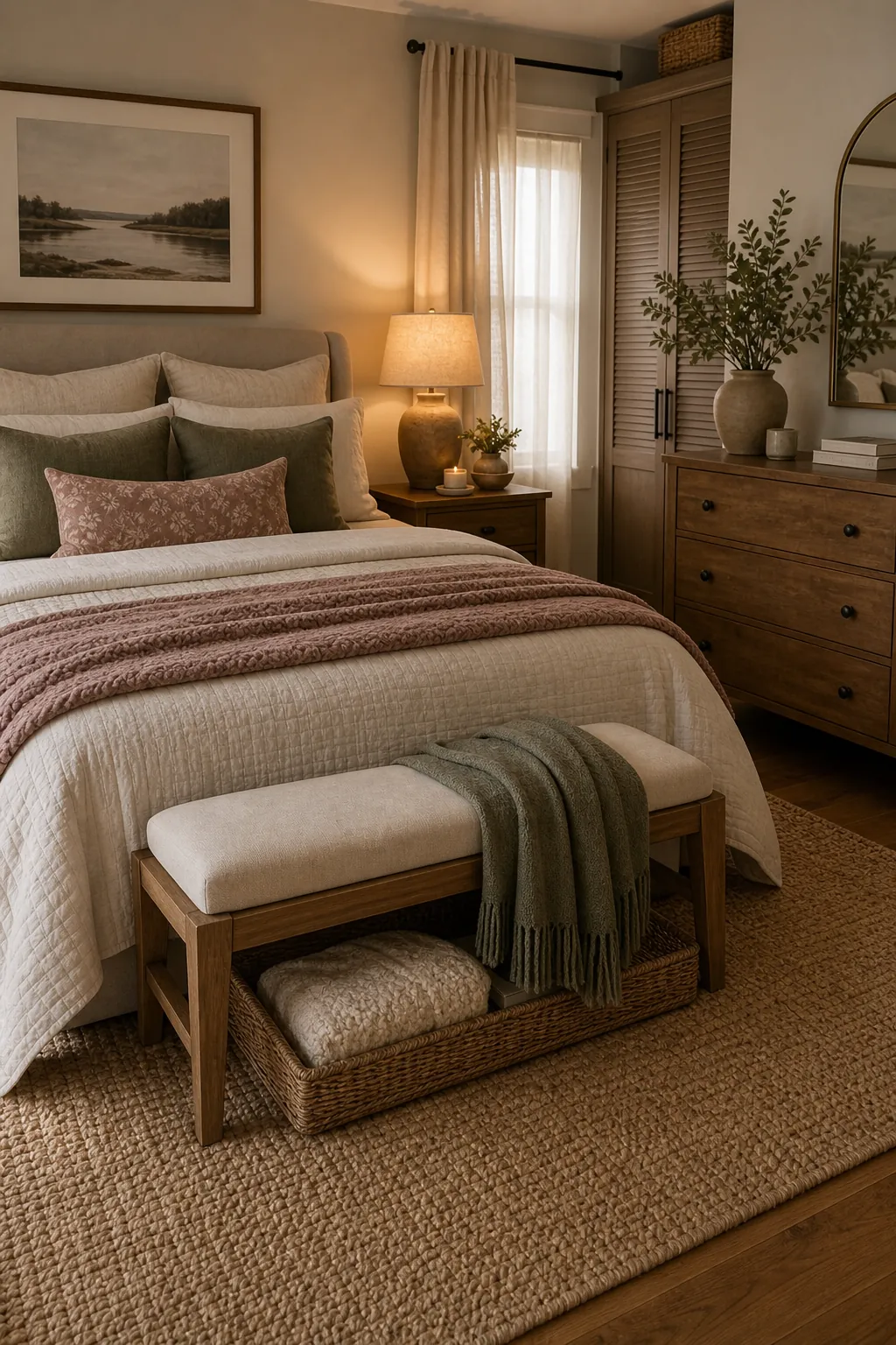 Foot-of-bed bench, woven basket, dresser detail, and layered bedding in a romantic practical bedroom