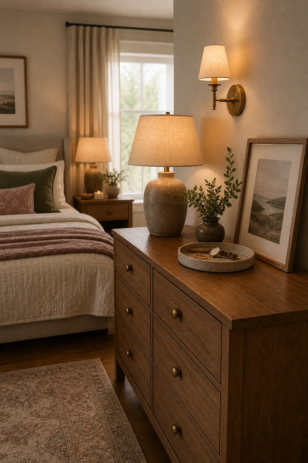 Calm dresser surface with tray, lamp, greenery, framed art, and bed in the background