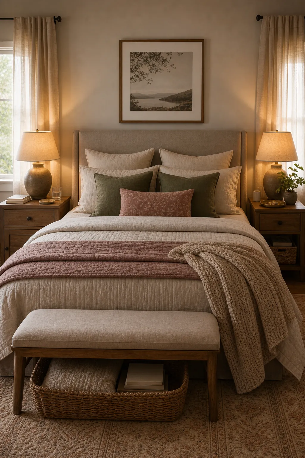 Shared couple bedroom with two subtly personalized nightstands, coordinated lighting, and neutral bedding
