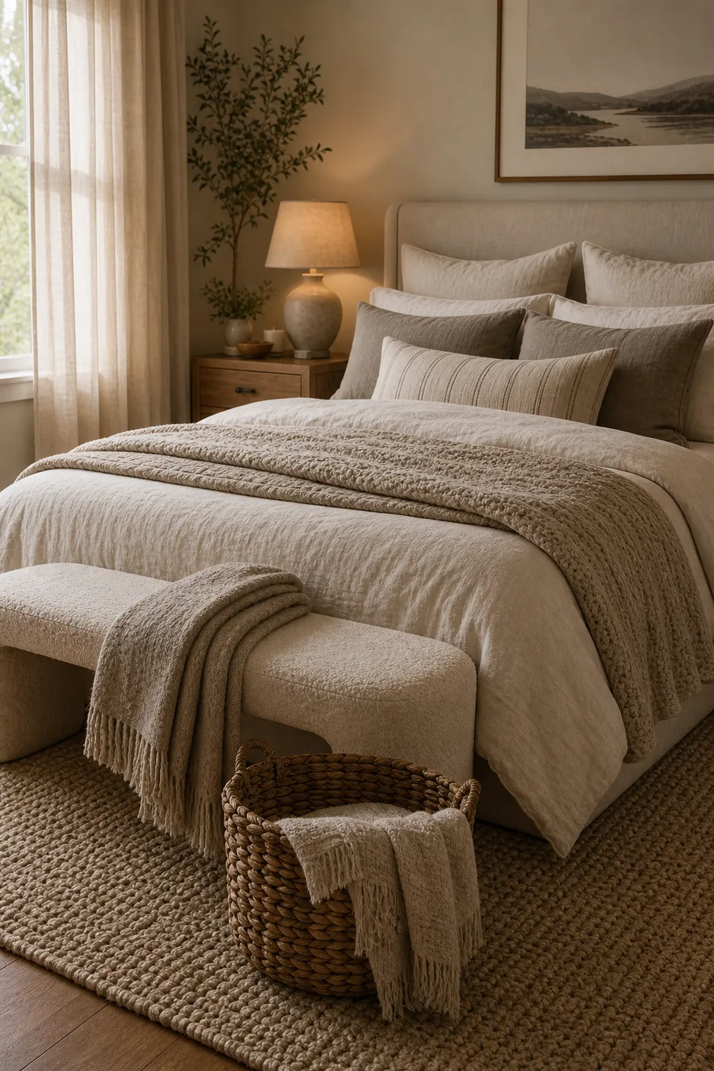 Neutral bedroom texture layers with woven rug, bench, basket, linen bedding, and soft curtains