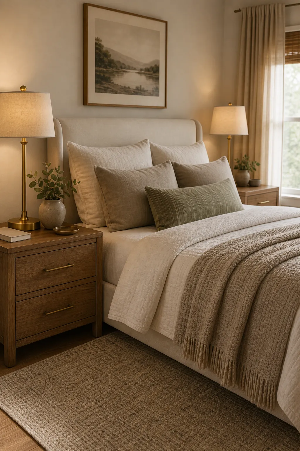 Neutral couple bedroom with wood nightstand, brass lamp, soft bedding, and muted green plant