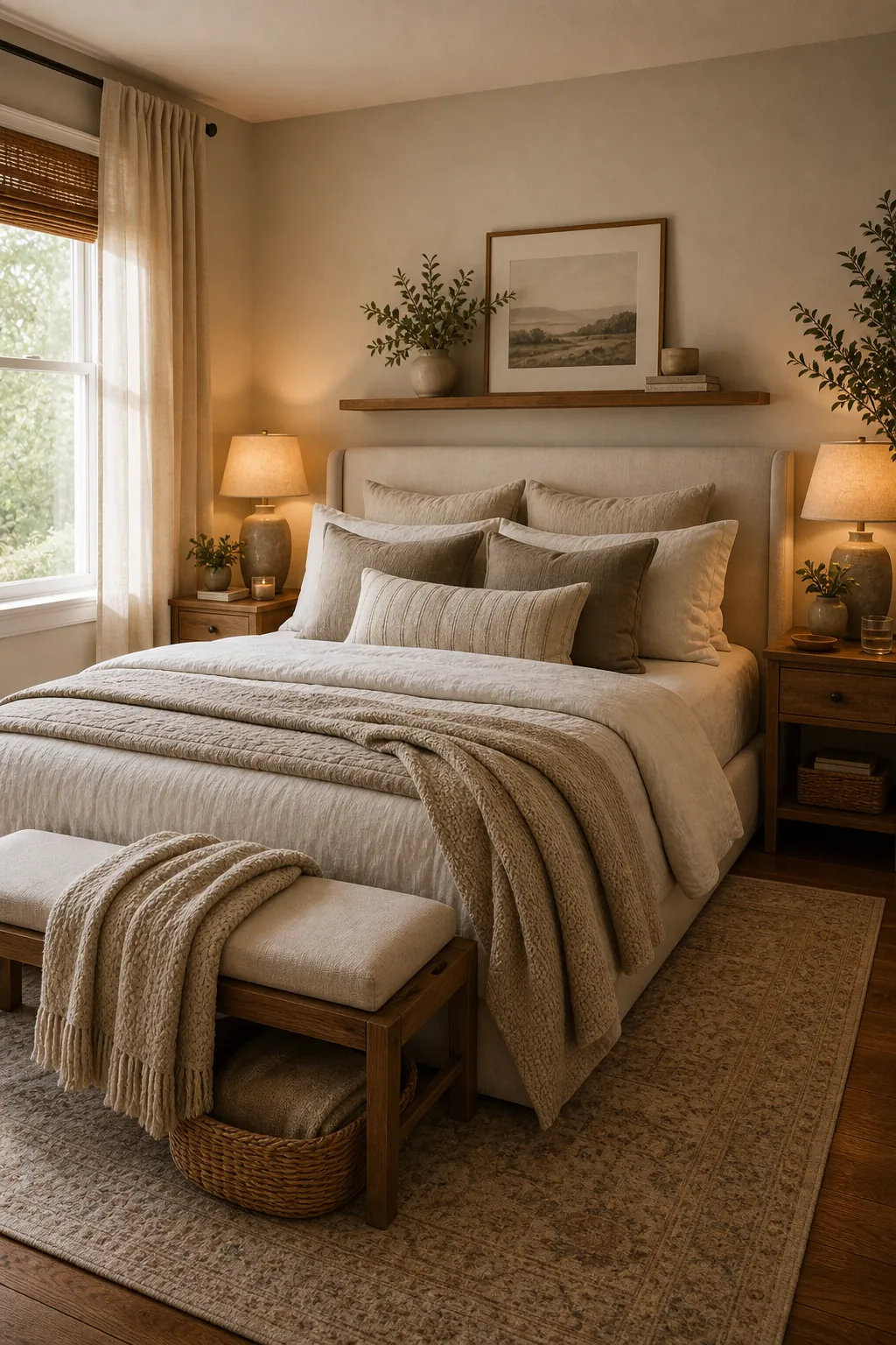 Modern neutral couple bedroom with layered bedding, warm lamps, wood nightstands, textured rug, plant, and soft curtains