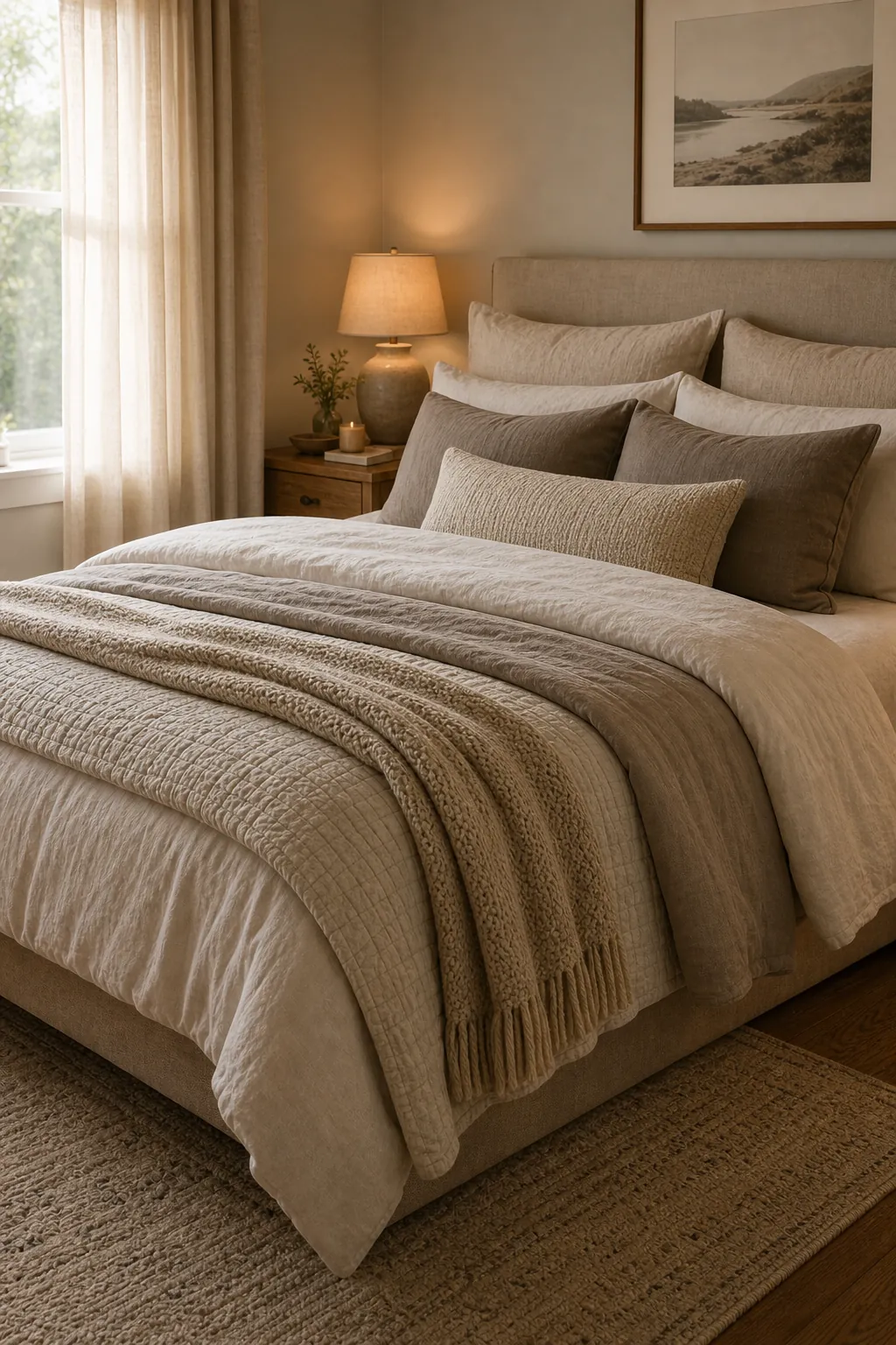 Warm neutral couple bedroom bedding layered in cream, oatmeal, taupe, and soft beige