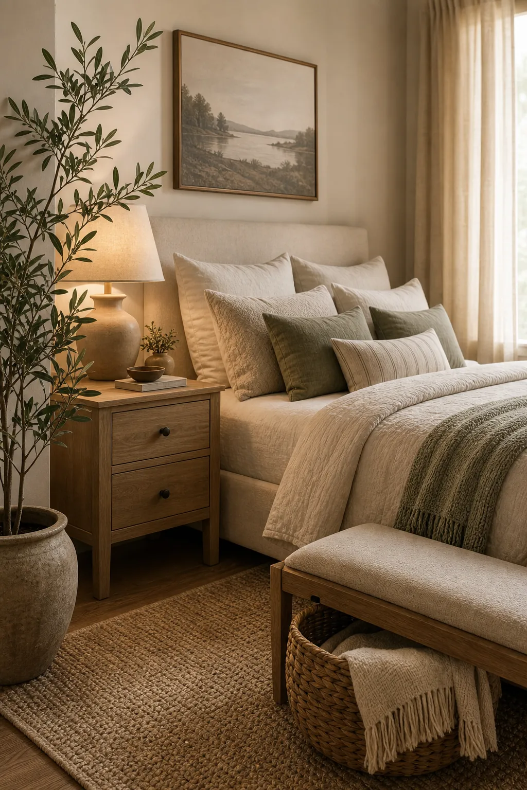 Neutral couple bedroom with a muted green plant accent, warm bedding, wood nightstand, and soft lamp light