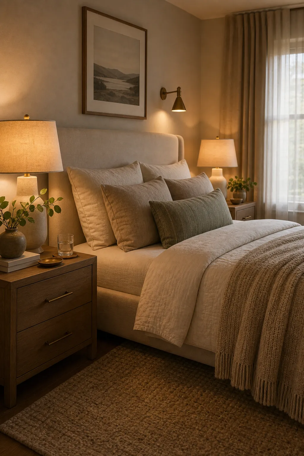 Modern neutral couple bedroom with warm bedside lamps, filtered curtains, and layered bedding