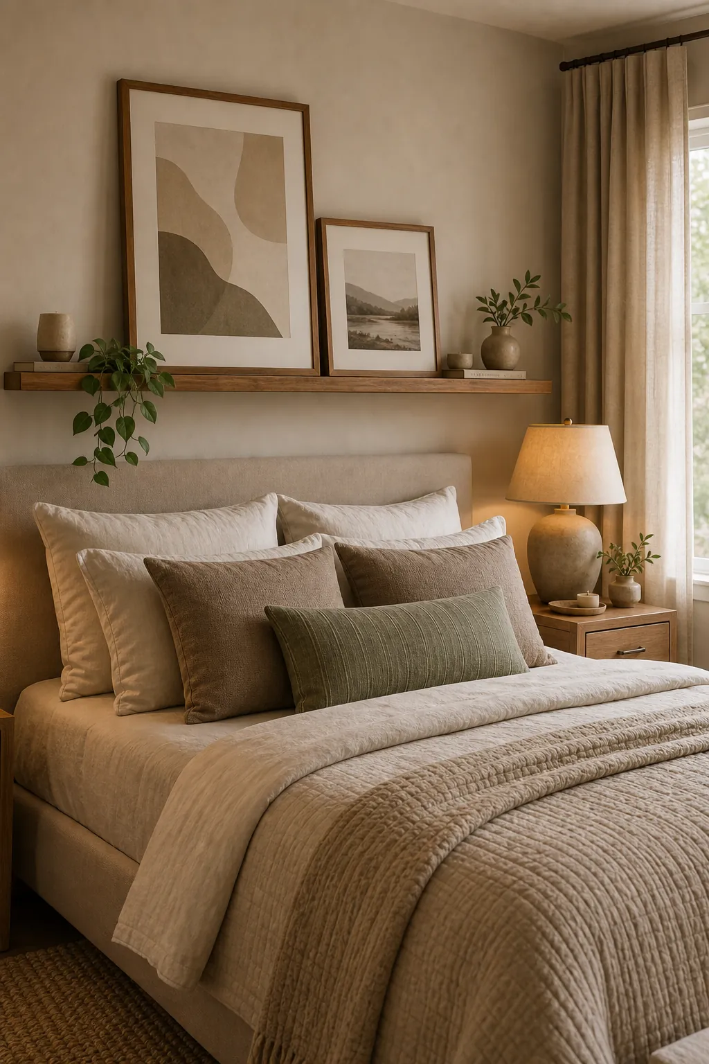 Modern neutral bedroom wall decor with simple framed art, warm wood ledge, plant, and layered bed