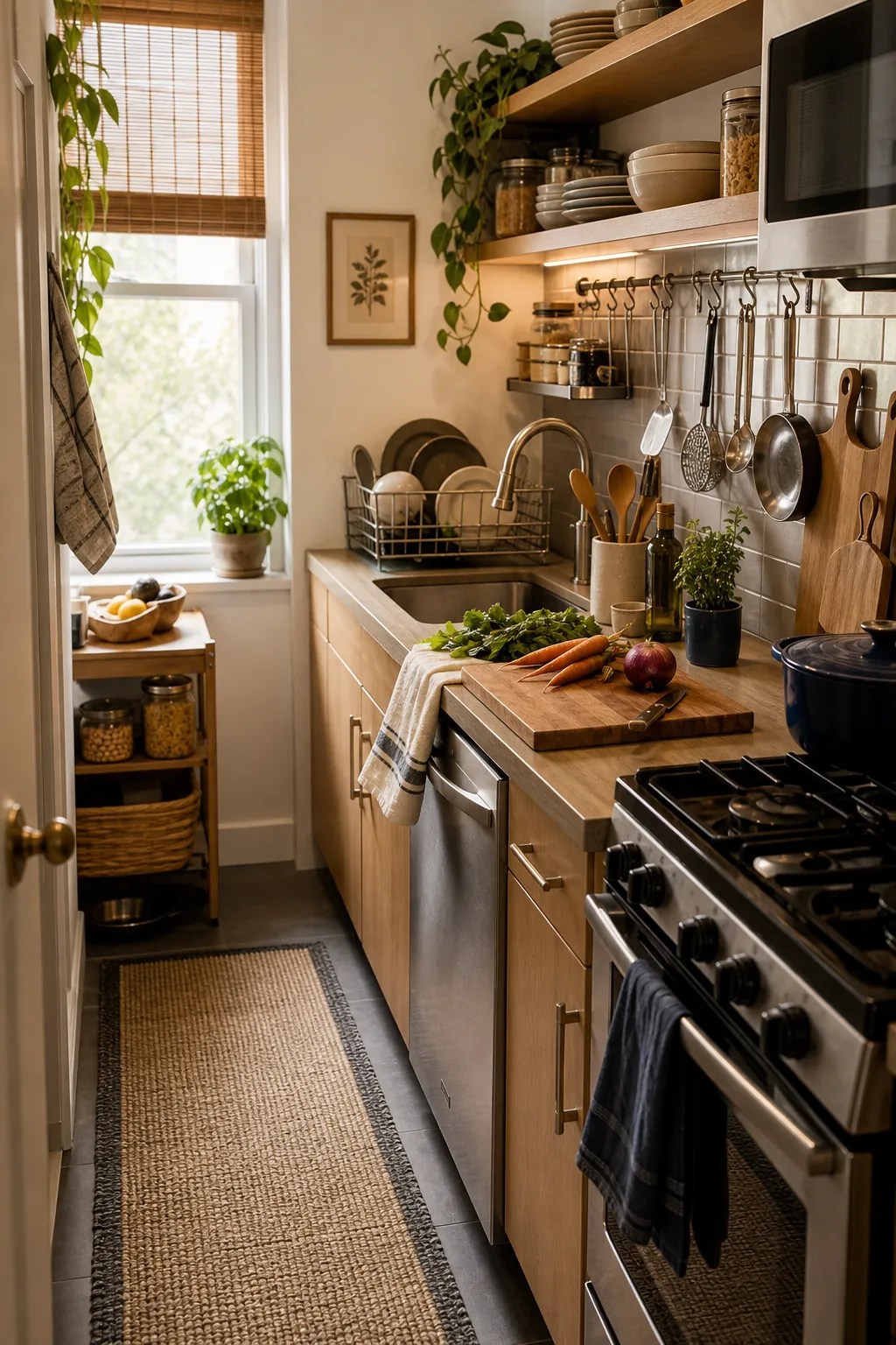 Compact small kitchen organized for daily cooking with prep counter, wall rails, shelves, utensils, and warm practical storage