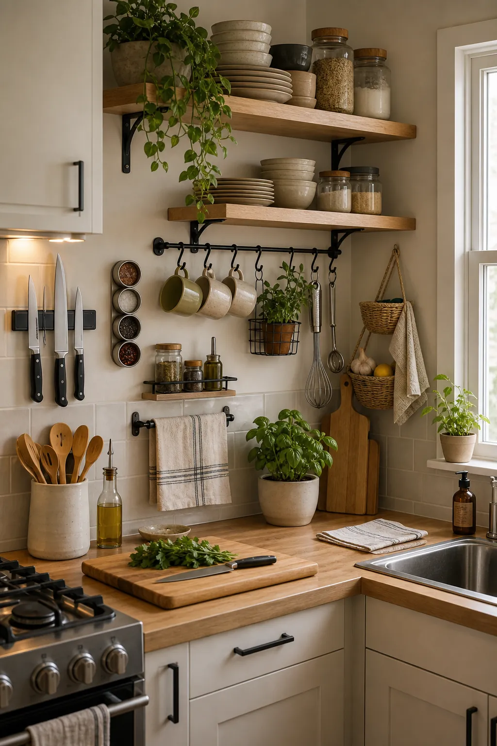 Compact kitchen using wall shelves, rails, hooks, hanging baskets, and vertical storage above a clear counter