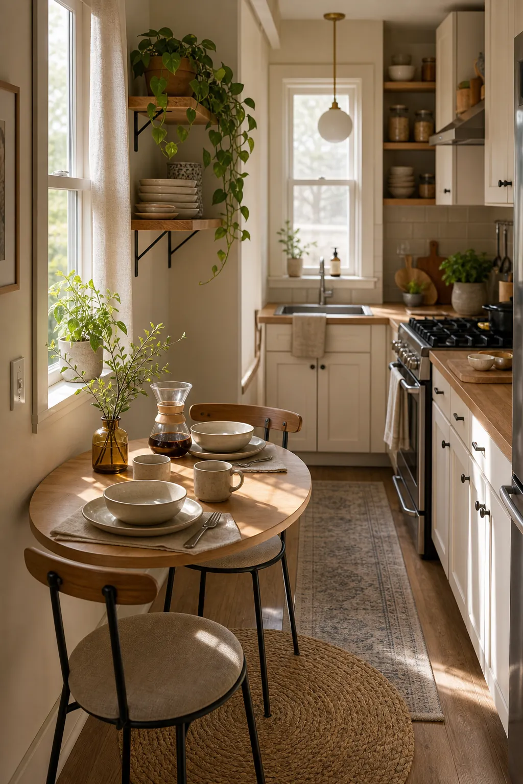 Small apartment kitchen with a tiny breakfast spot, slim stools, warm morning light, plant, shelves, and clear walkway