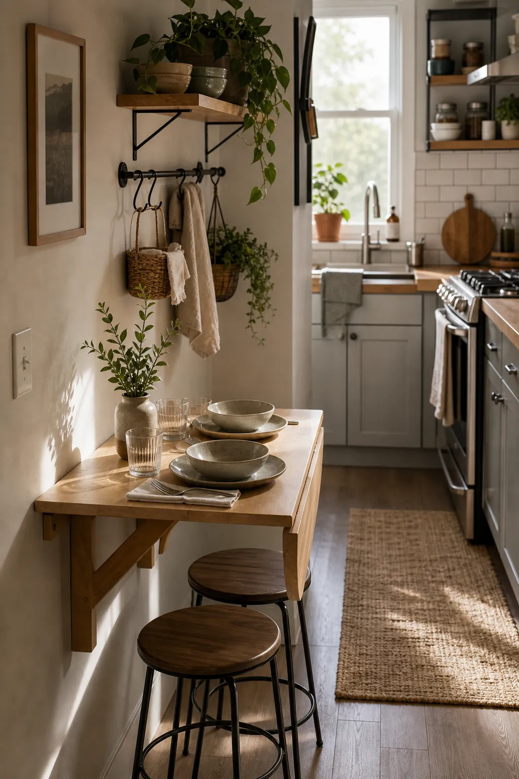 Small kitchen wall-mounted breakfast table with two tuck-in stools and clear cooking aisle
