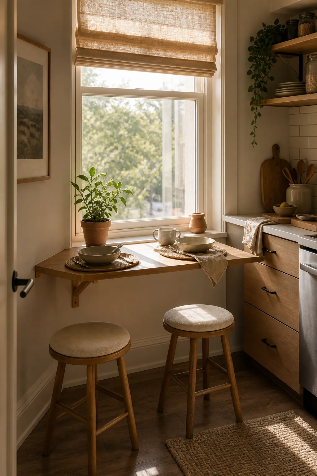 Tiny breakfast nook beside a kitchen window with narrow table, stools, plant, and sunny morning light