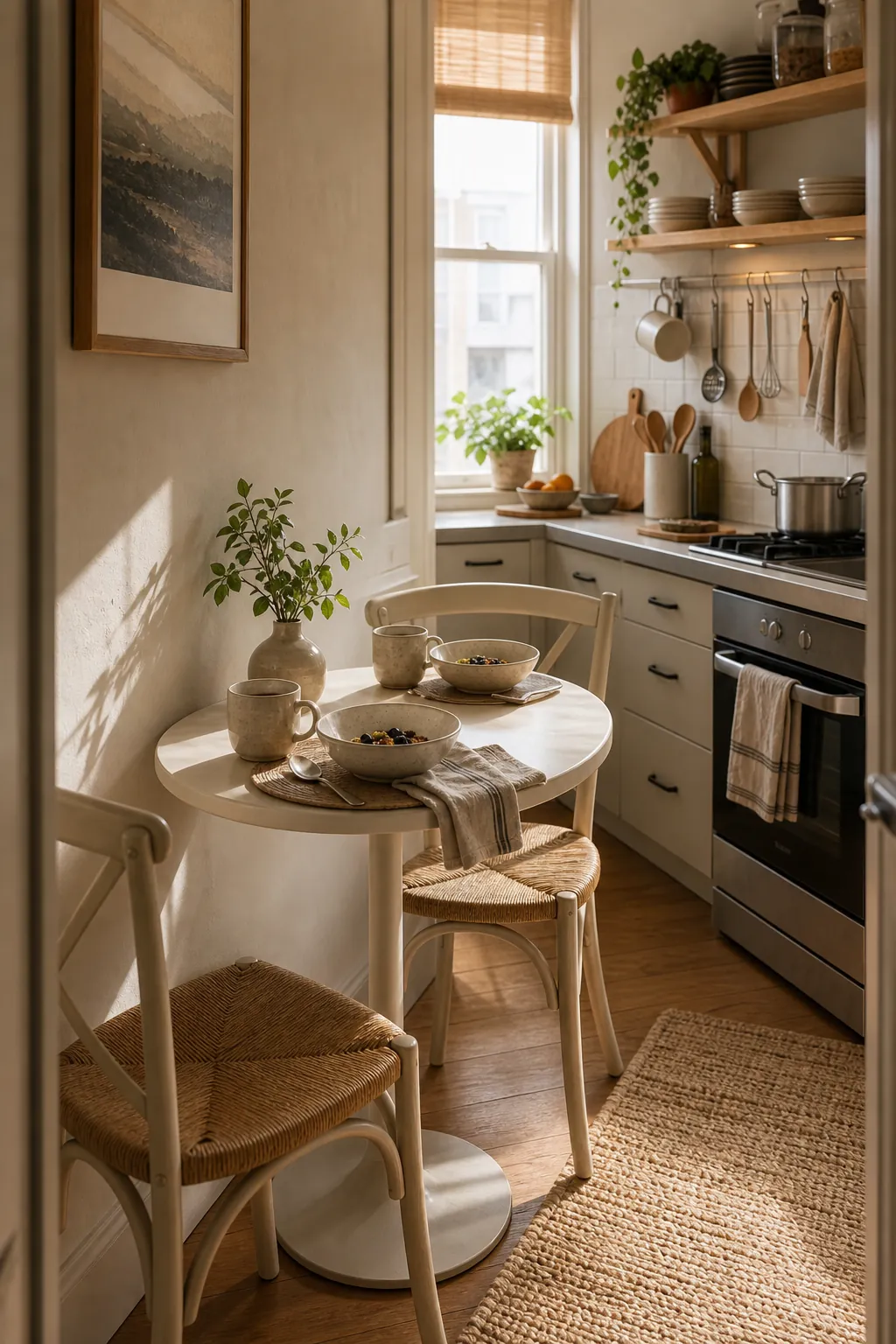 Small round bistro table for two tucked into a compact apartment kitchen with open walkway