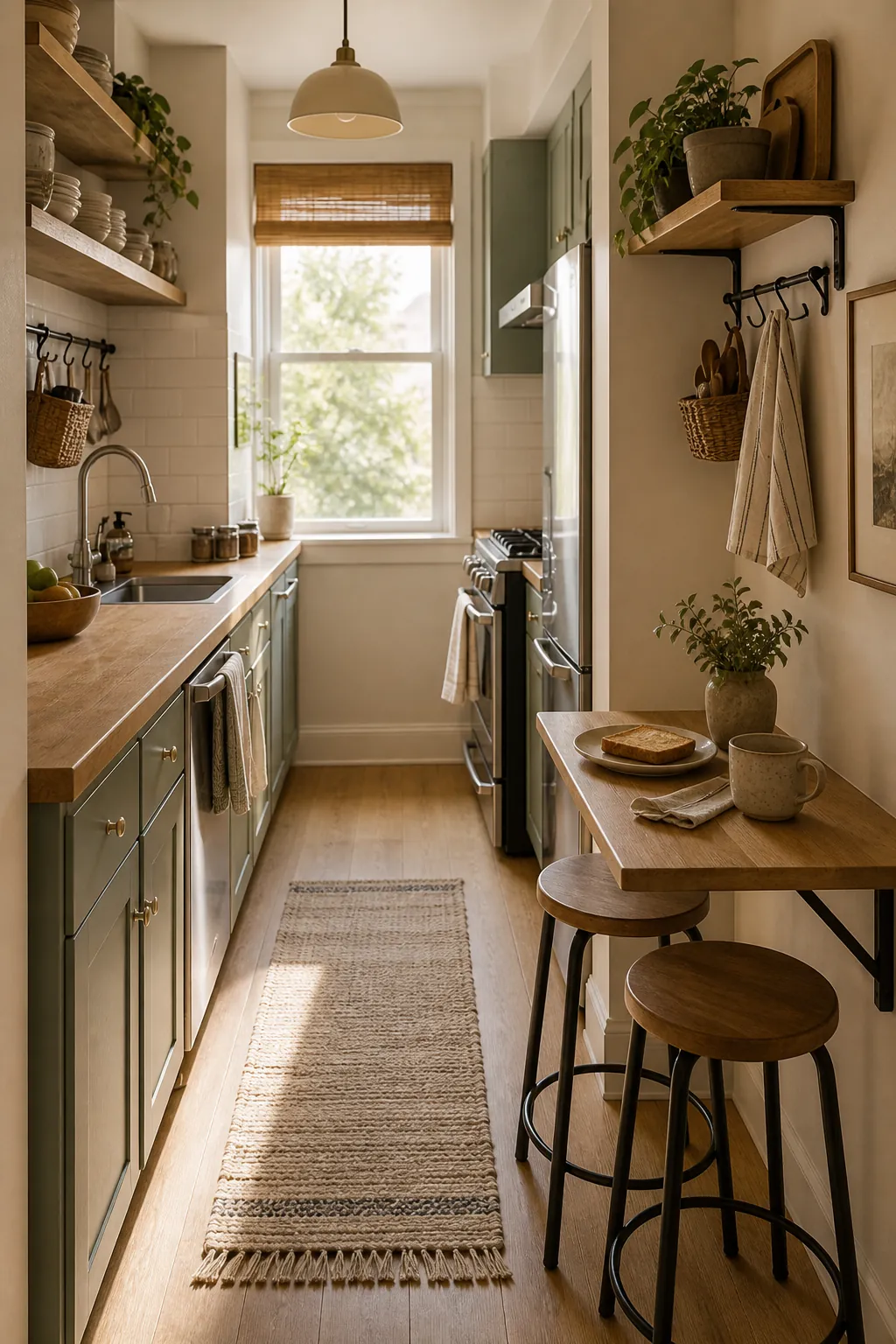 Tiny breakfast spot placed beside a clear small kitchen walkway with stools, table, shelves, and practical layout