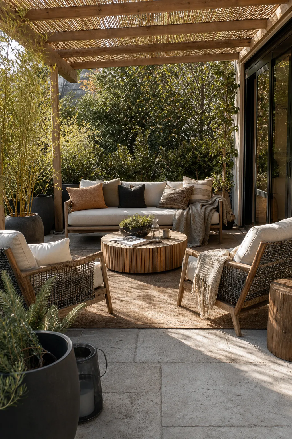 Outdoor lounge backyard designed like a comfortable room with shade privacy and natural decor