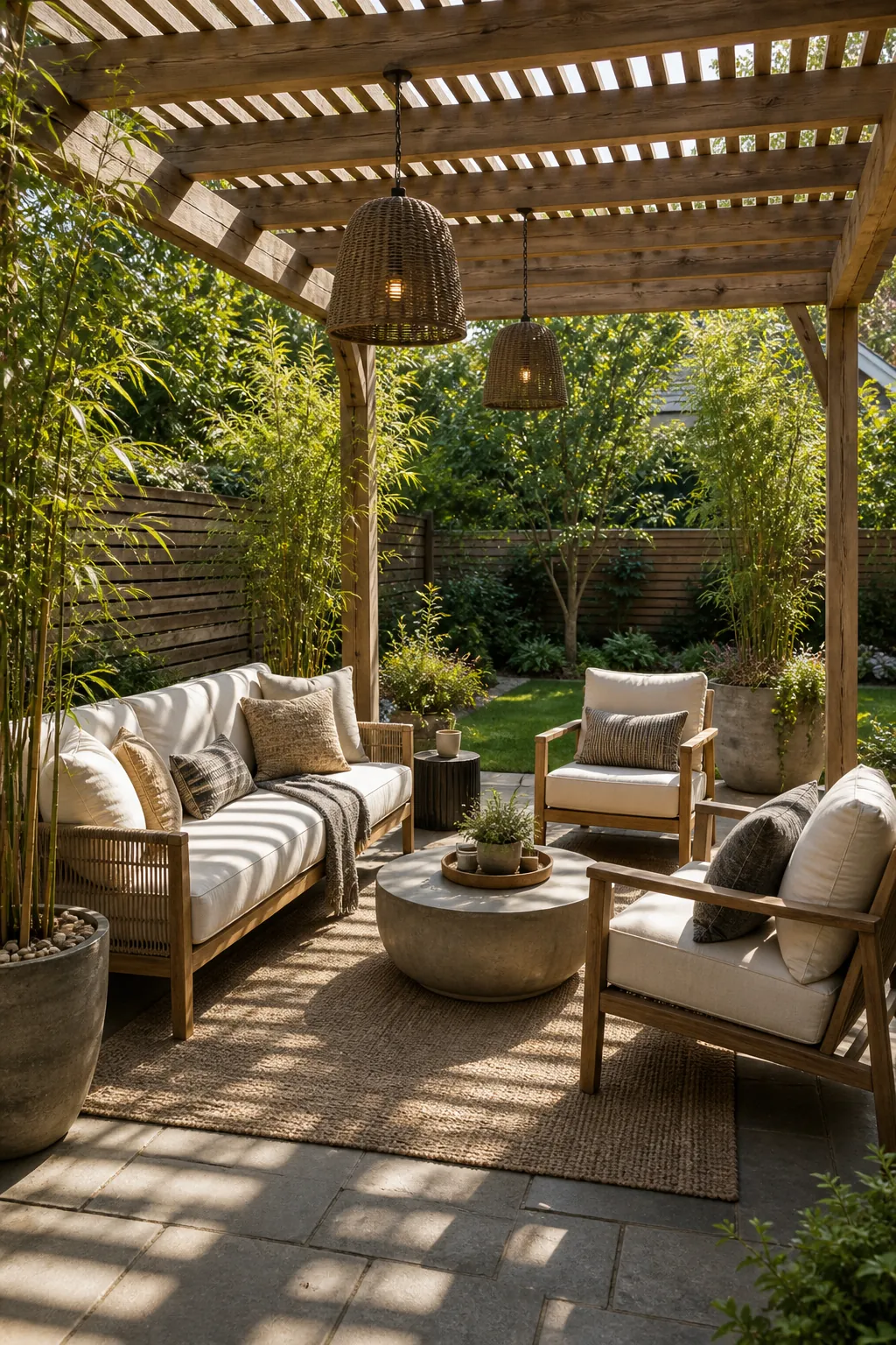 Pergola covered outdoor lounge with shade and natural patio decor