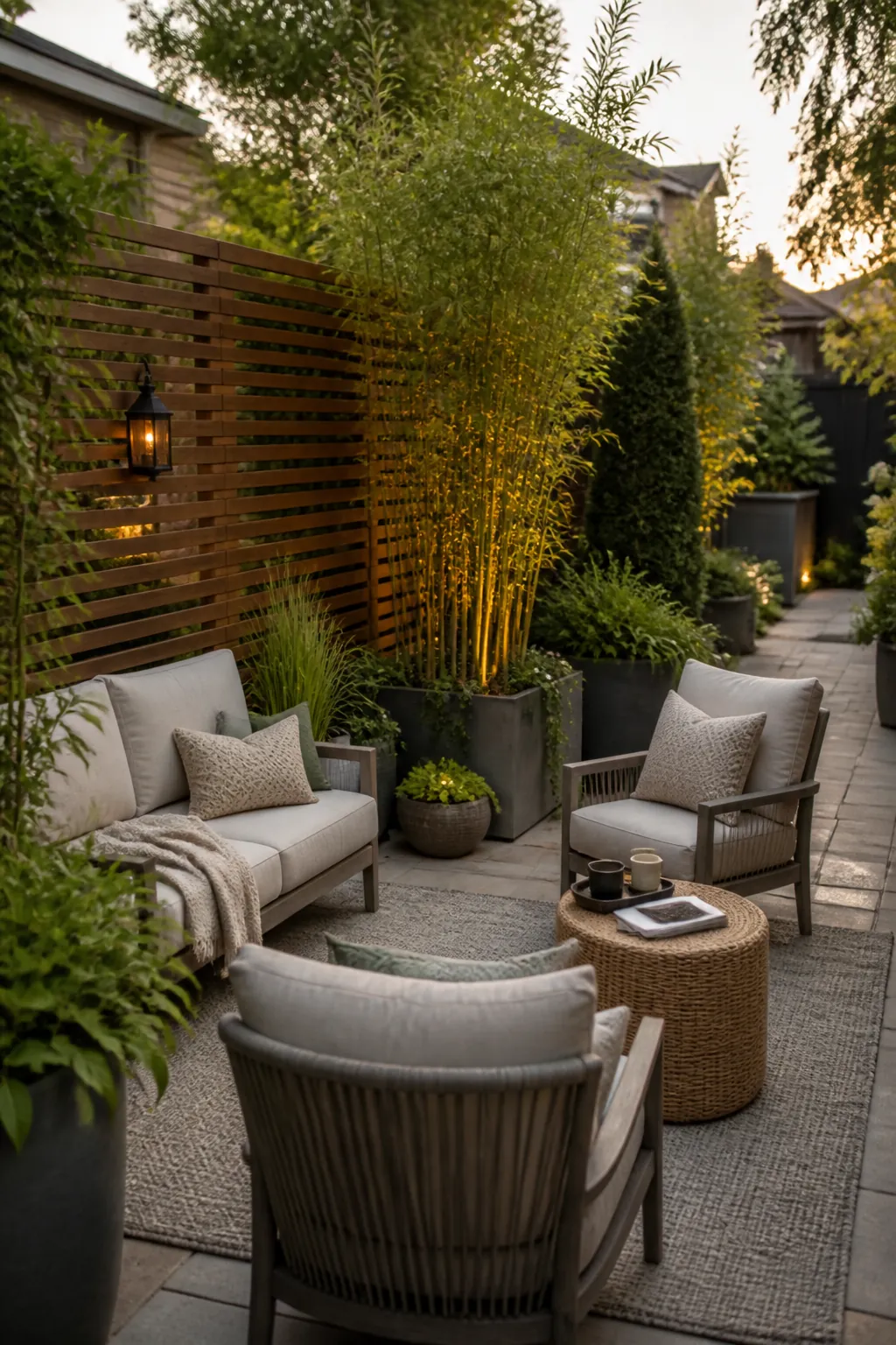 Outdoor room privacy created with planters, shrubs, and a warm slat screen