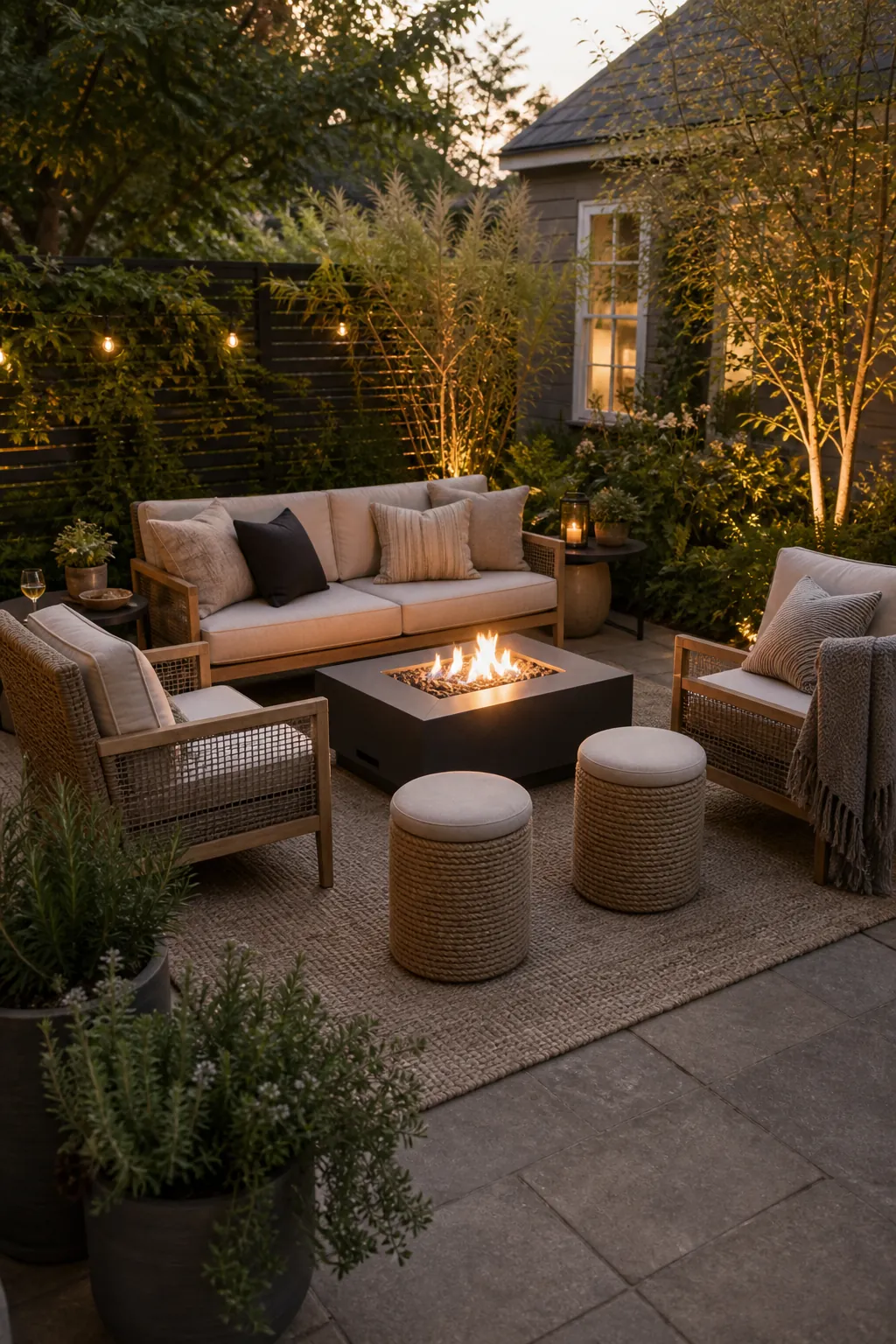 Outdoor seating arranged around a low fire table for easy backyard conversation