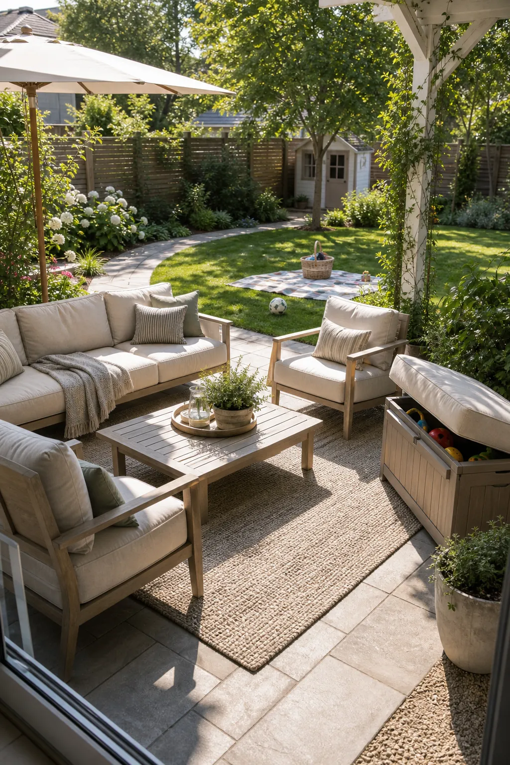 Family backyard outdoor living lounge with visible play area and durable seating